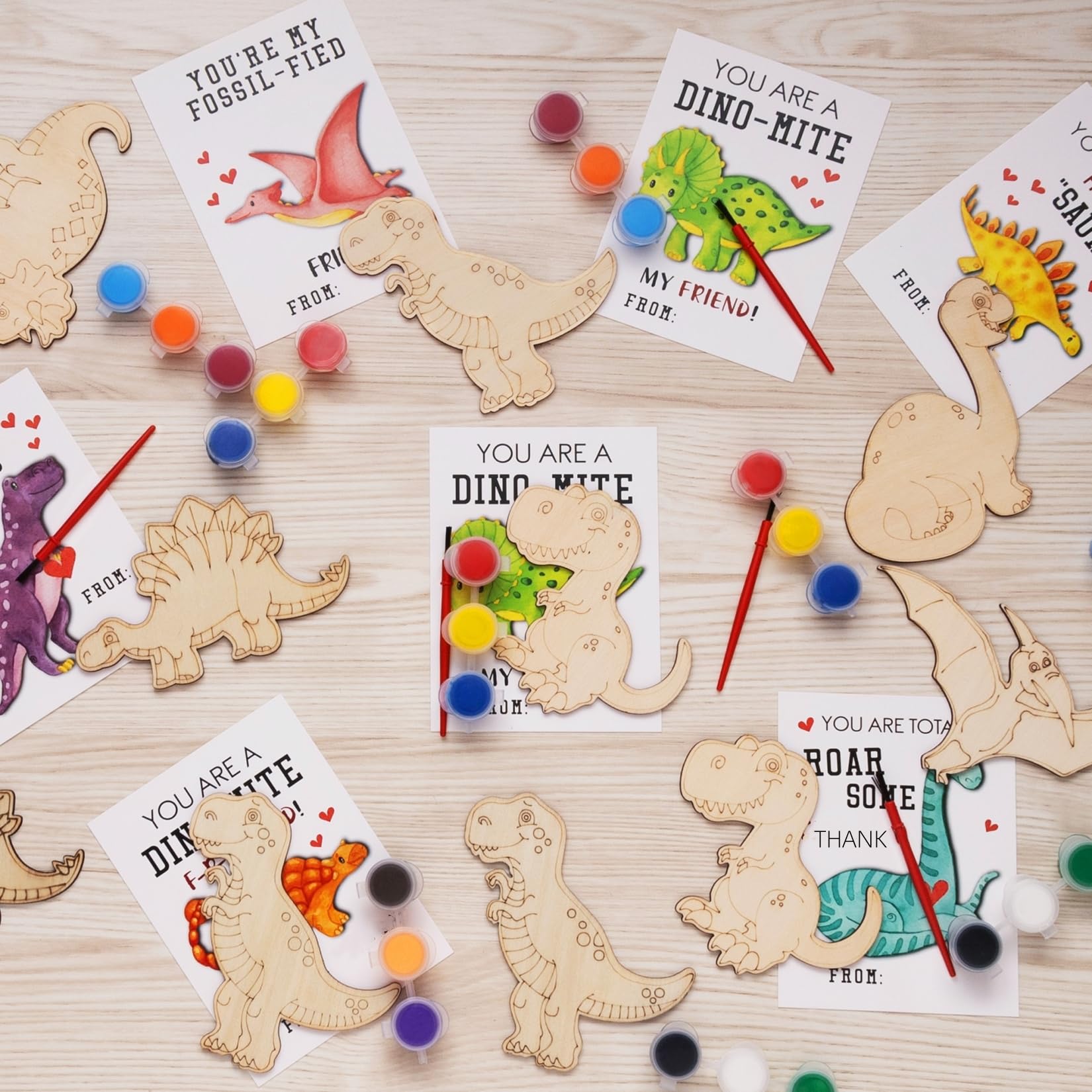 24 Pack Dinosaur Party Favors, DIY Wood Painting Craft Kit with Cards