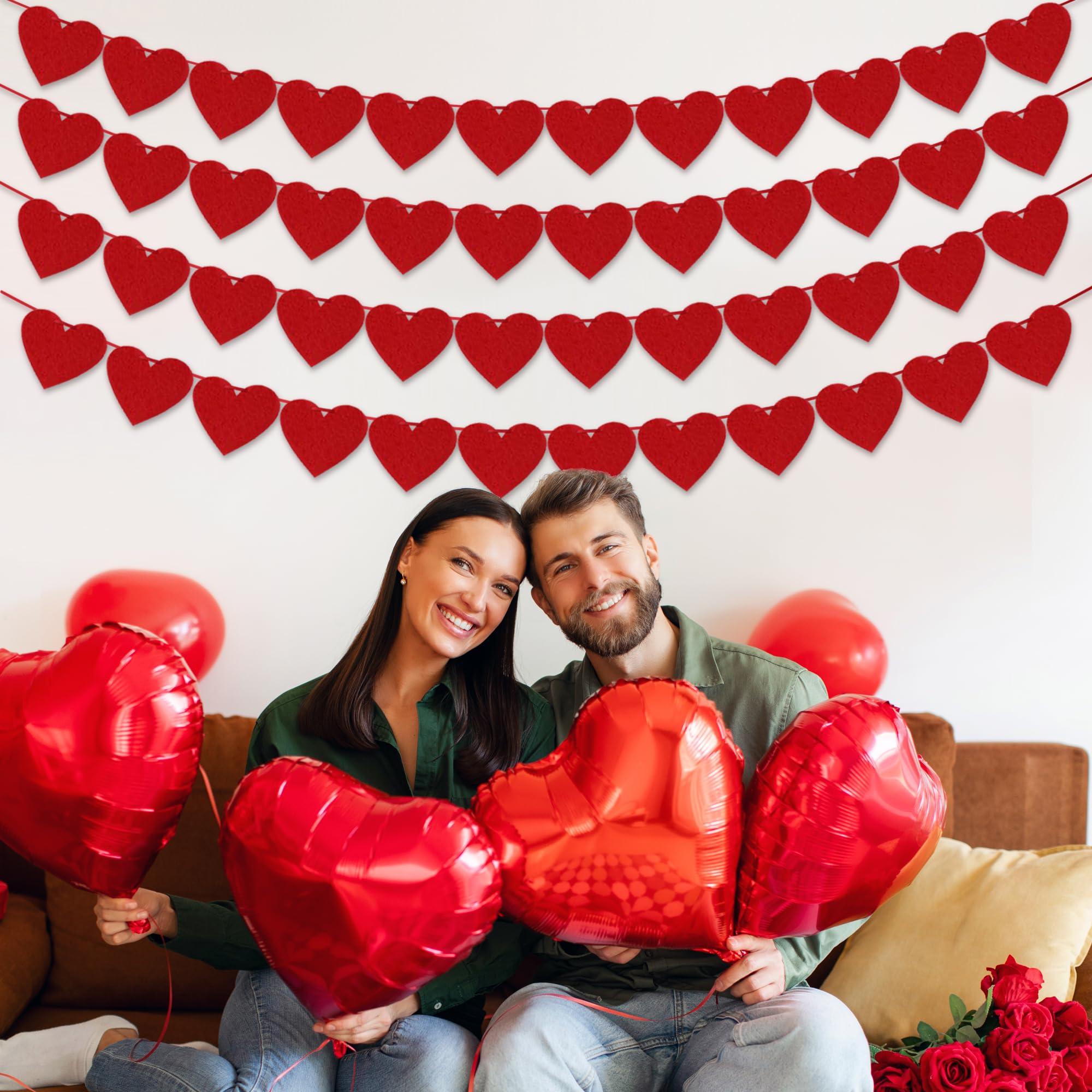 4Pcs Valentines Day Decorations Red Felt Heart Garland Banner, Pre-Strung, 48 Hearts Valentines Banner for Outdoor Indoor Home Valentines Day Decor NO DIY Galentines Day Anniversary Wedding Decoration