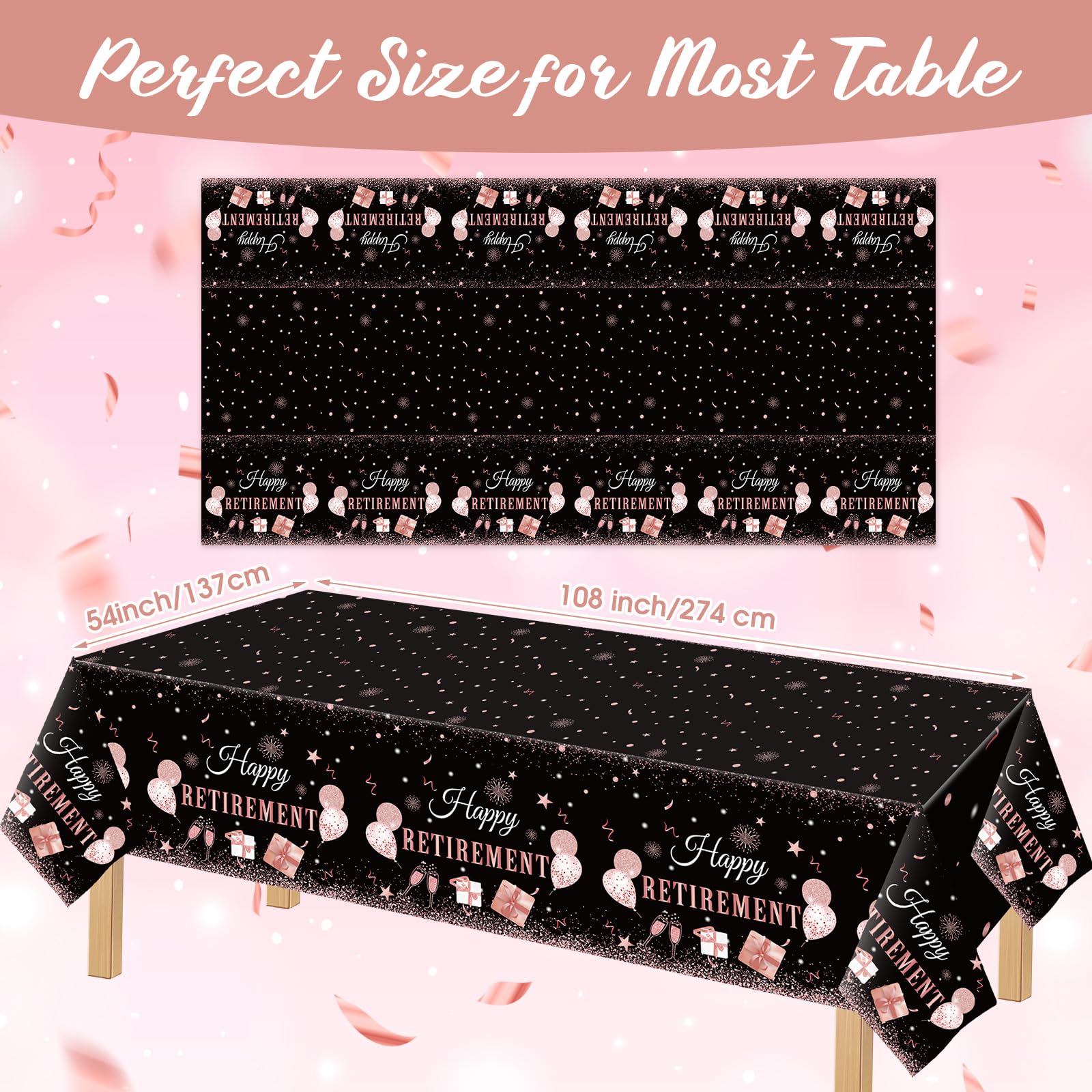 Ganeen 3 Pcs Retirement Party Decorations Happy Retirement Tablecloths Rose Gold Disposable Plastic Table Cover Waterproof Table Cloth for Men Women Coworker Say Goodbye Party Supplies, 54 x 108 Inch