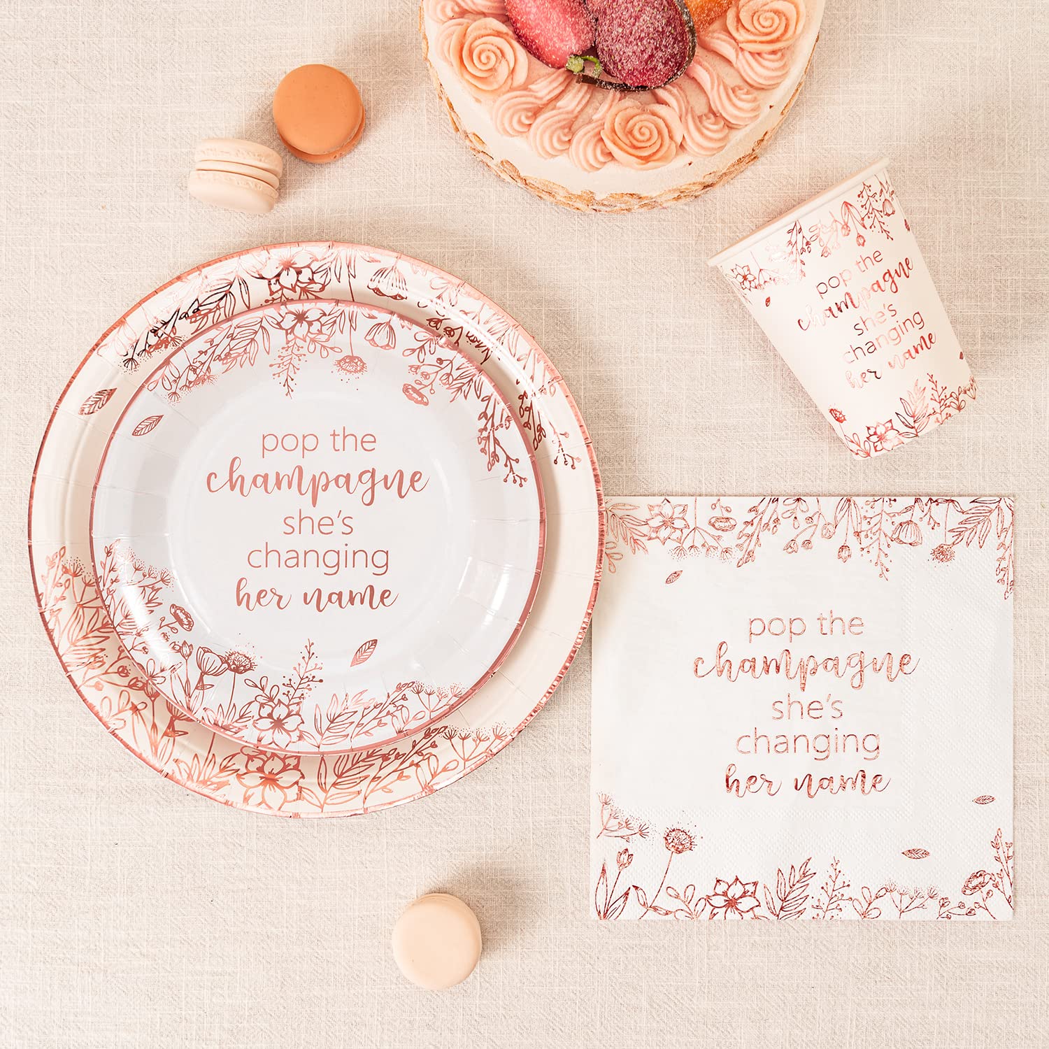 Crisky Rose Gold Bachelorette Napkins Plates Cups Set for Bridal Shower Wedding Engagement Party Decorations Supplies, Disposable Tableware Set of 24 (Pop, She is Change Her Name)