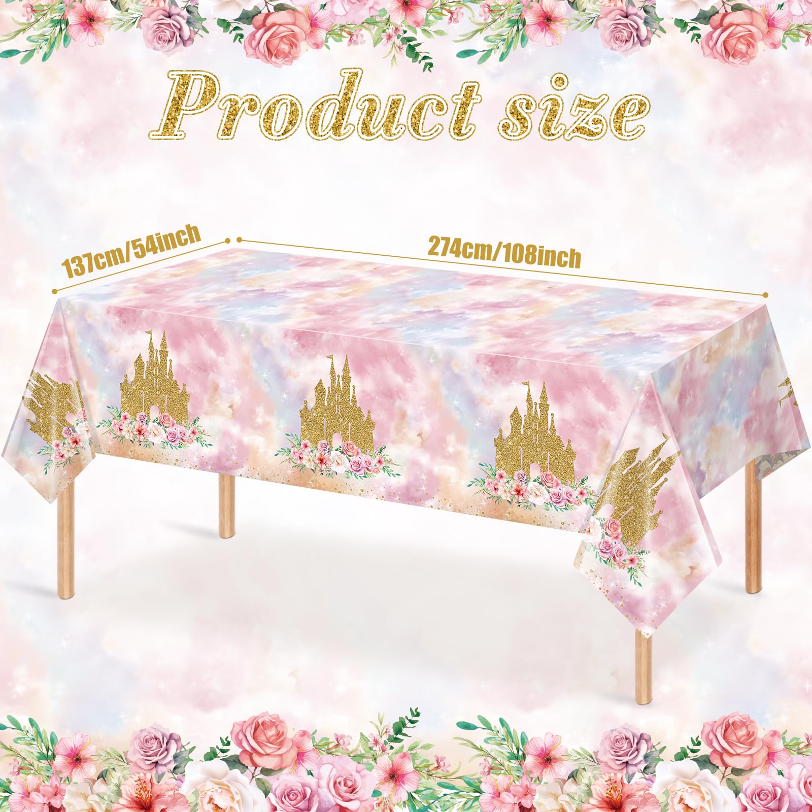 3 Pack Princess Tablecloths Birthday Decorations,Plastic Pink Rose Castle Table Cloth for Parties,Disposable Rectangle Floral Table Cover for Baby Shower Girls Birthday Party Supplies,54x108 Inch