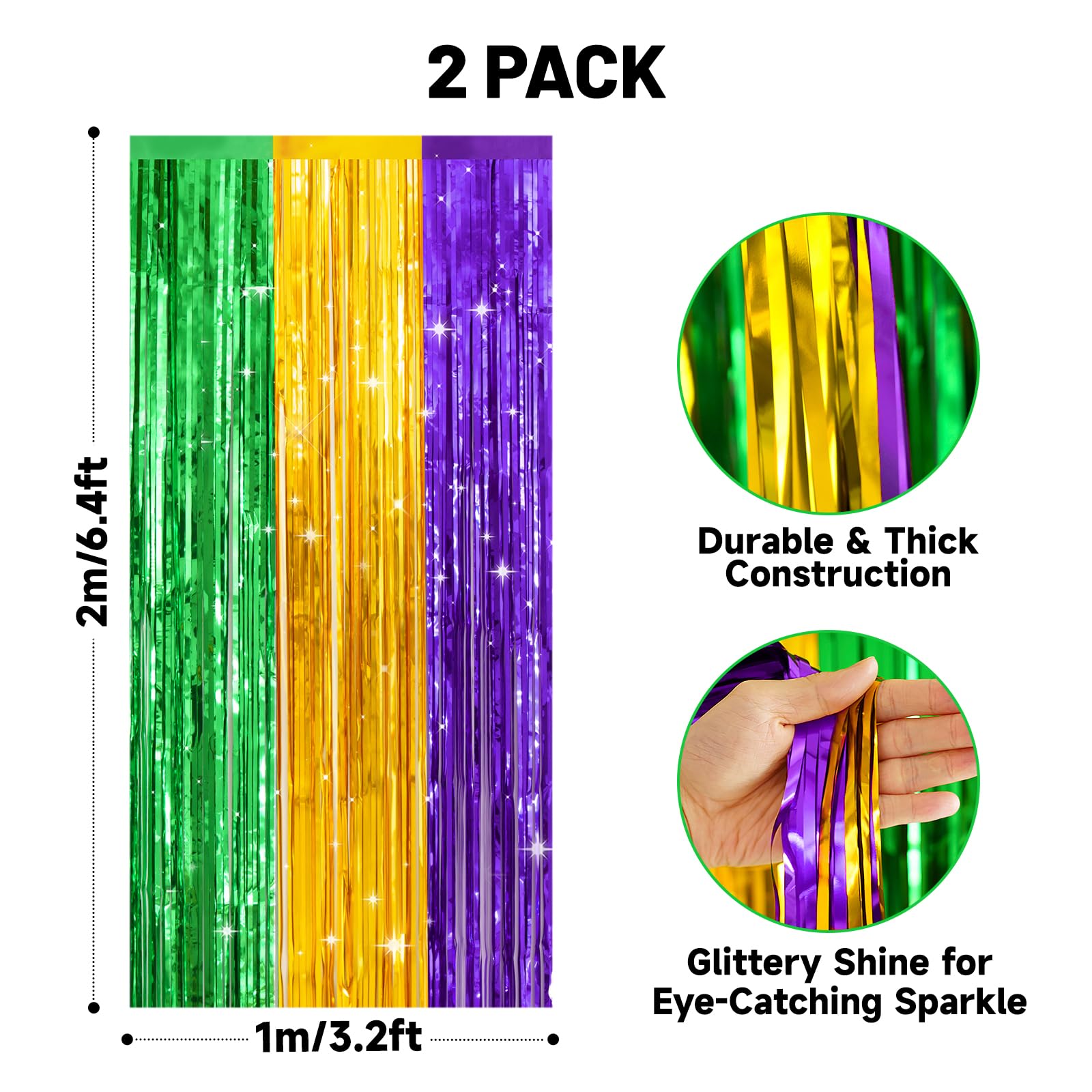 jijAcraft Purple Gold Green Tinsel Foil Fringe Curtain, 2 Pack 3.2x6.5 Feet Metallic Streamers Photo Booth Backdrop for Mardi Gras Carnival New Orleans Theme Birthday Graduation Disco Decorations