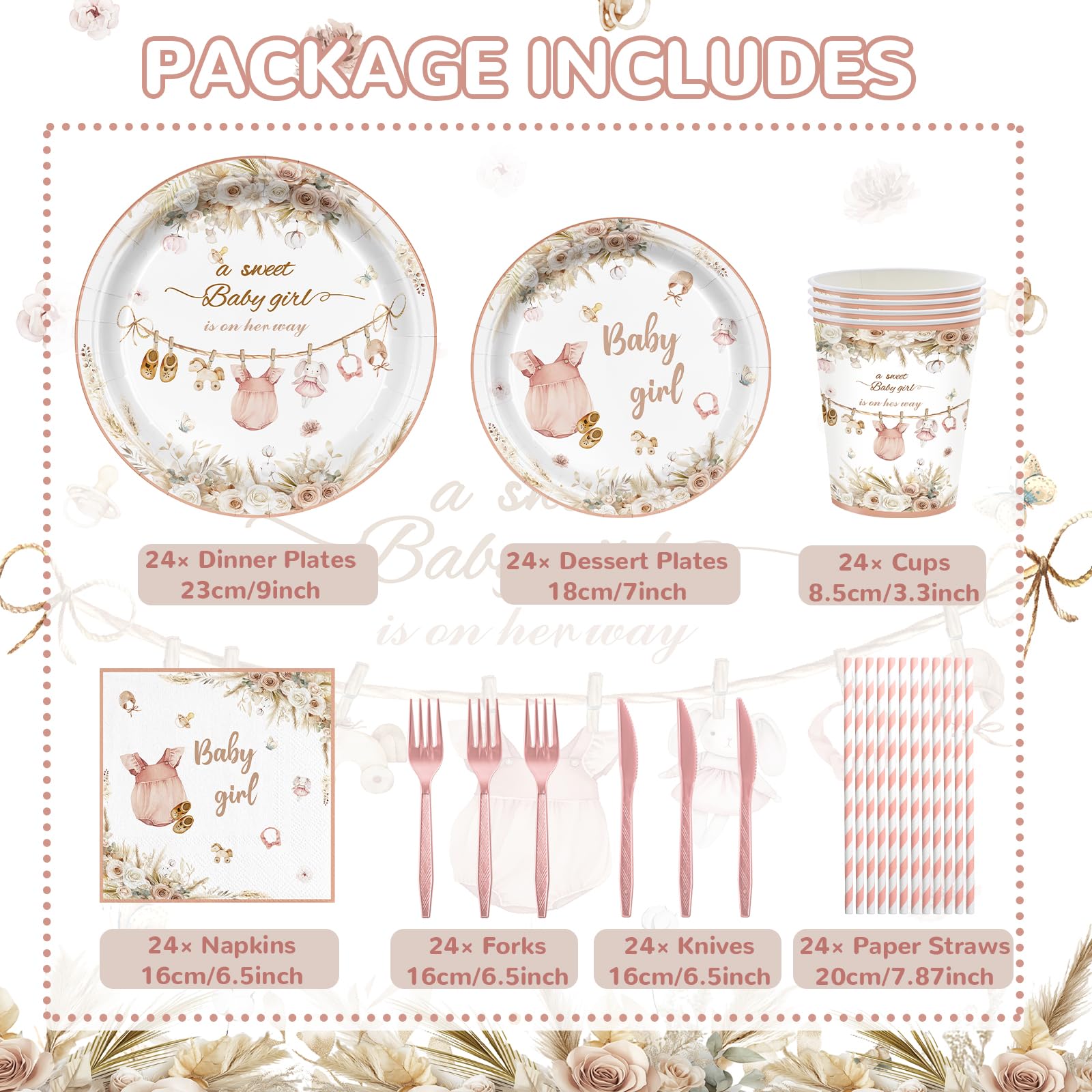 168Pcs Pink Baby Girl Shower Party Supplies Serves 24 Guests, Boho Floral Baby Shower Tableware Set, A Sweet Girl is on Her Way Gender Reveal Decorations Paper Plates Napkins Cups Cutlery