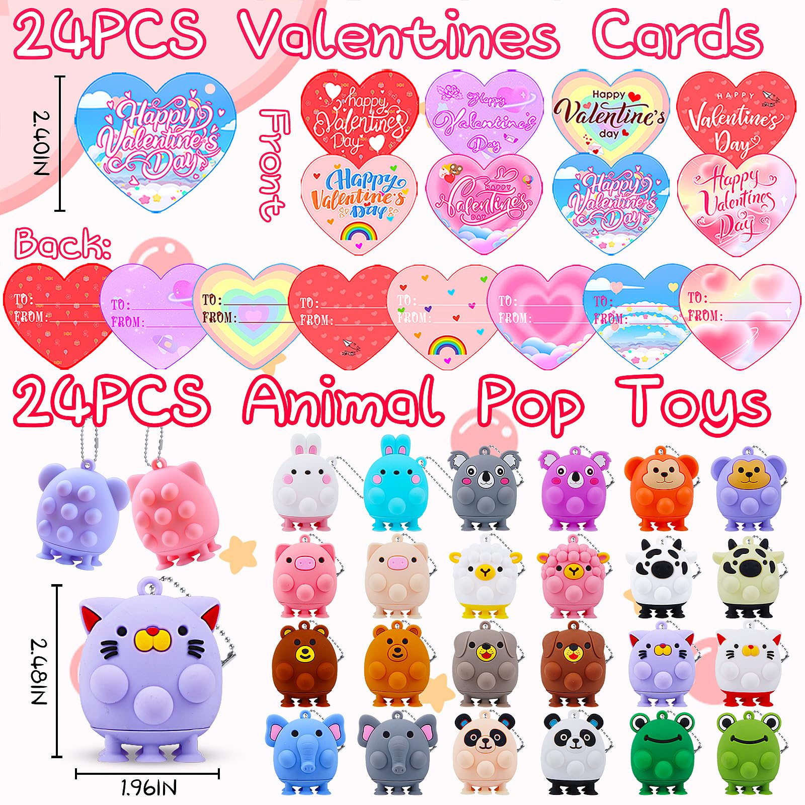 Valentines Day Cards for Kids School , 24PCS Animal Pop Suction Toys with Valentines Cards for Kids Classroom, Valentines Party Favors for Boys Girls