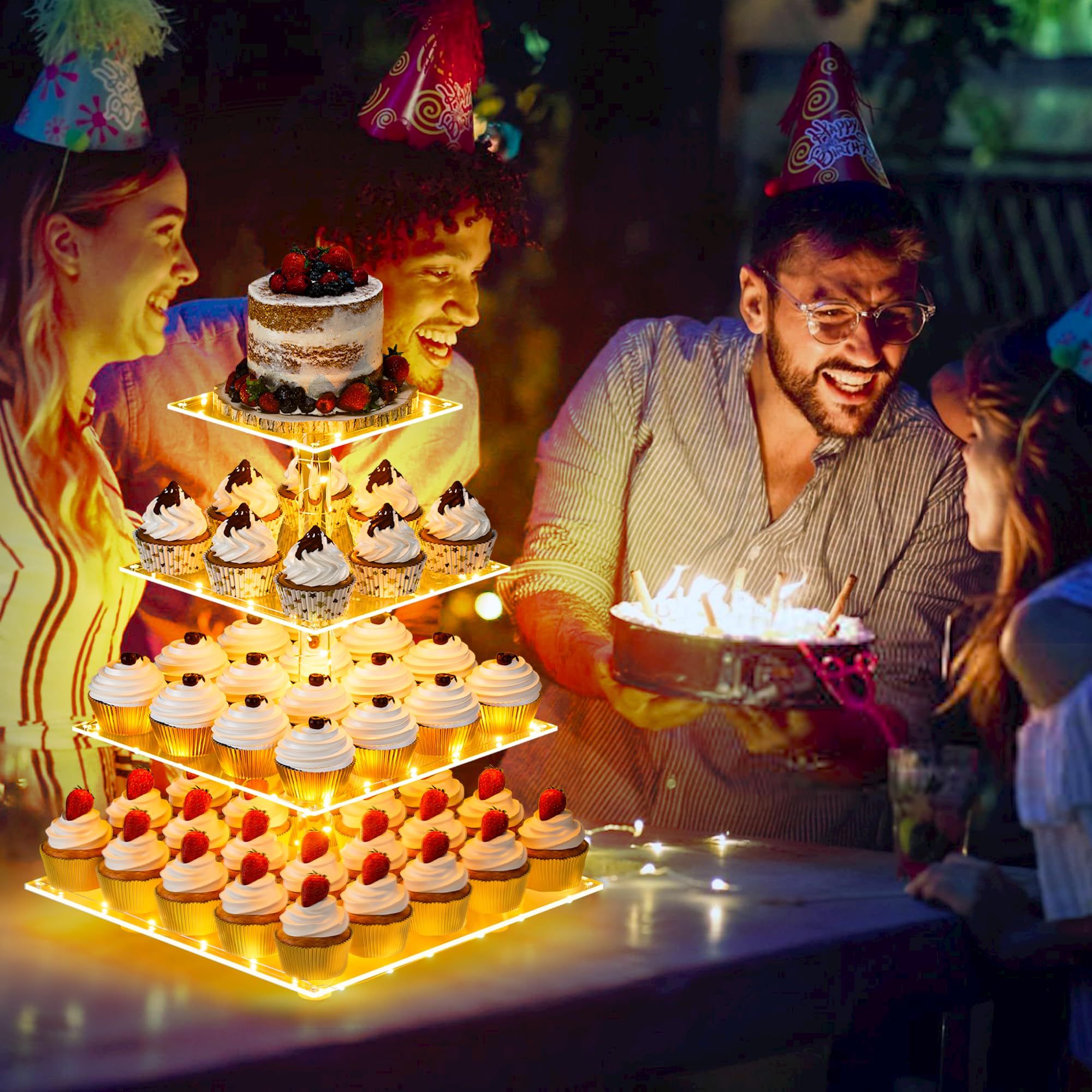 YestBuy Cupcake Stand with Yellow LED Lights, 4 Tier Cupcake Stand for 50 Cupcakes, Acrylic Cupcake Tower Stand, Clear Tiered Cupcake Holder for Birthday Candy Bar Décor Weddings, Parties Events