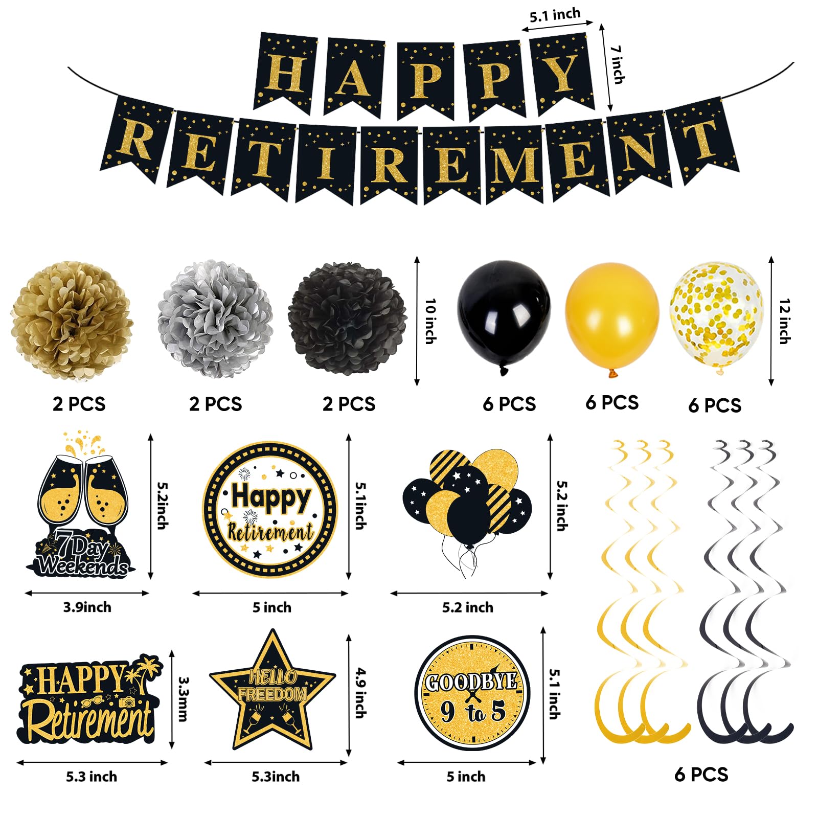 Retirement Party Decorations for Men Women Black Gold Happy Retirement Banner Backdrop Balloons Paper Pompoms Honeycomb Centerpiece Cake Topper Hanging Swirl Set