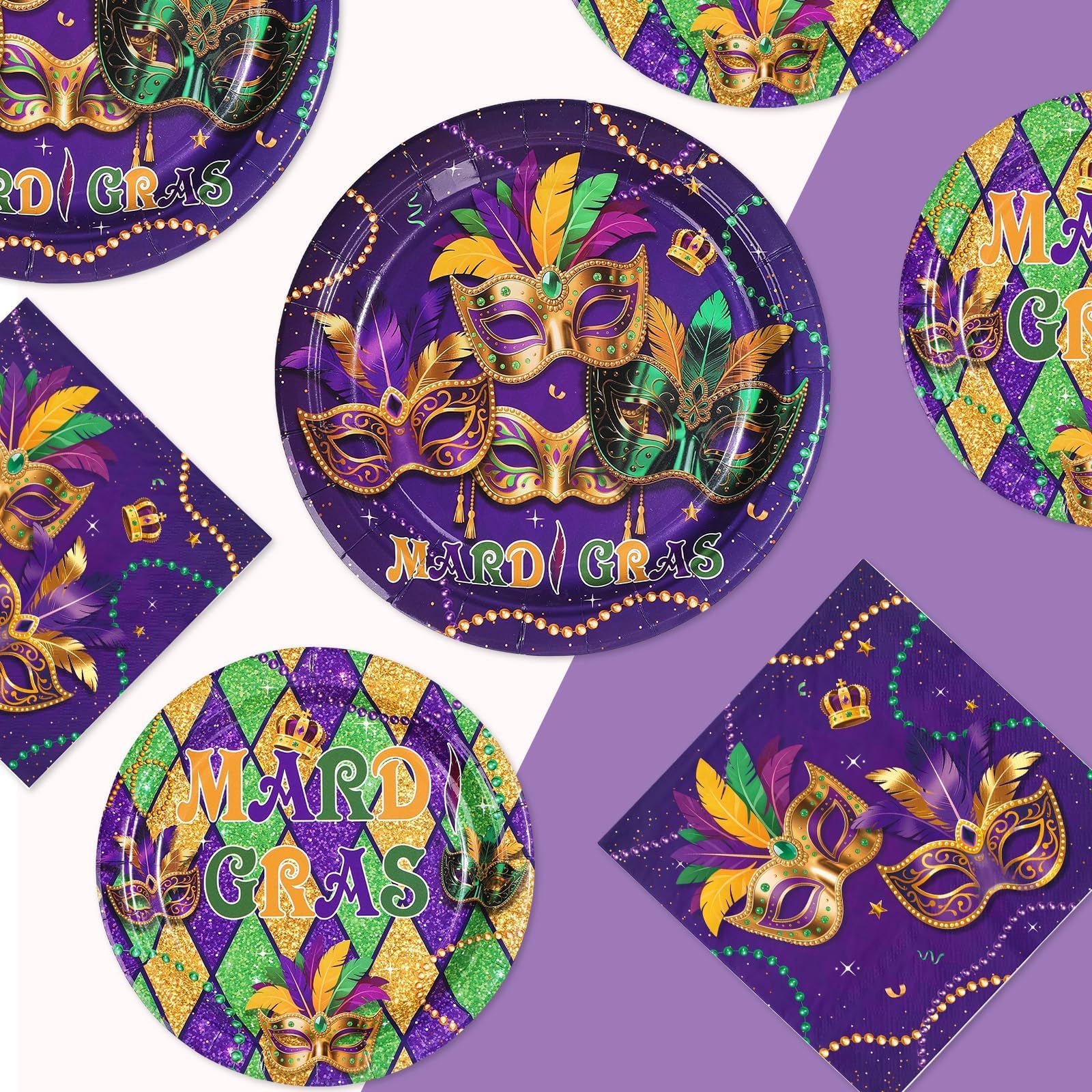 Greencian 200 Pcs Mardi Gras Party Supplies Masquerade Mask Paper Plates and Napkins Disposable Carnival Masquerade Tableware Set for Mardi Gras Birthday New Orleans Decorations Serves 50
