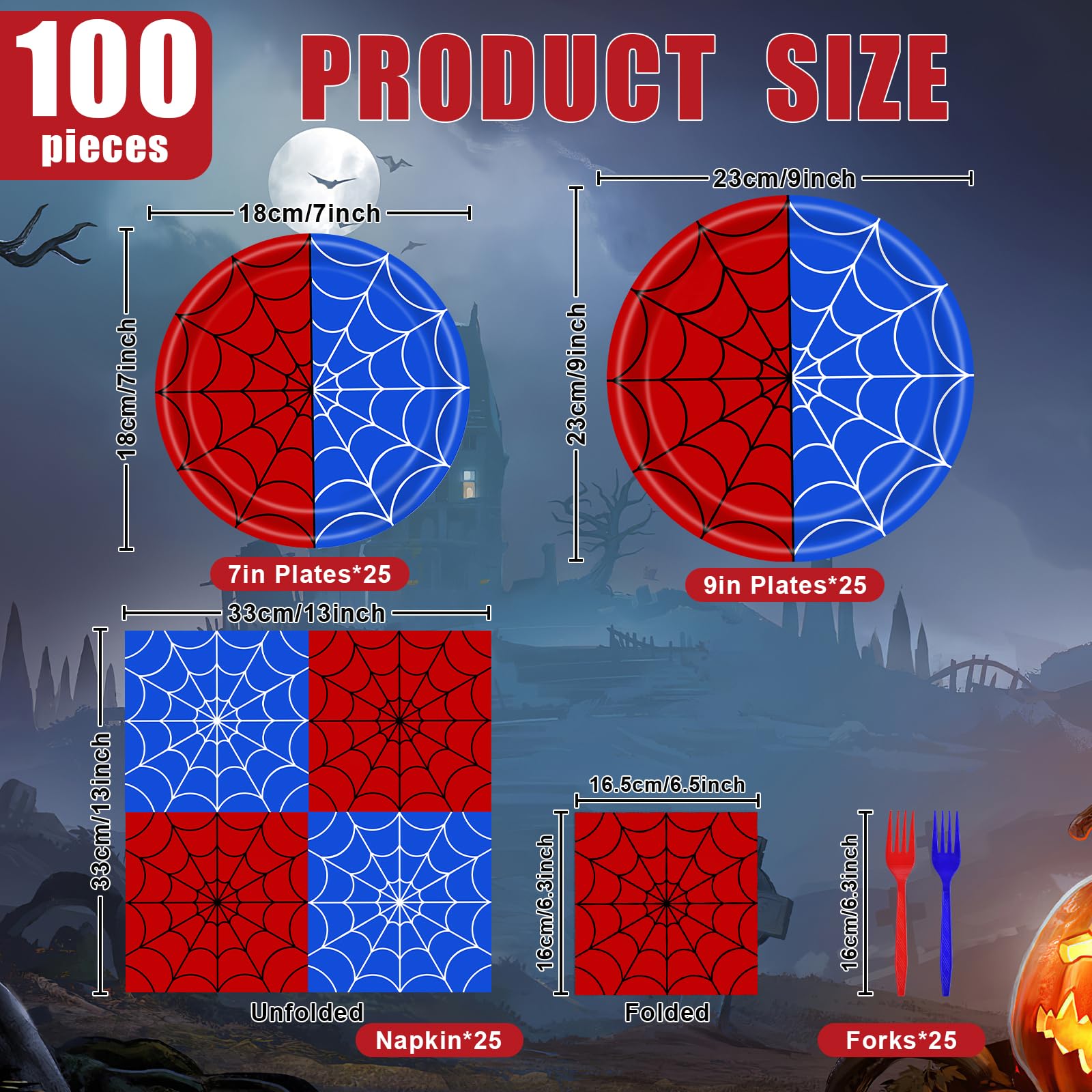 100 Pieces Halloween Spider Web Party Tableware Set – Red Blue Web Plates, Napkins and Forks, Disposable Dinnerware for Boys Birthday and Halloween Party Supplies