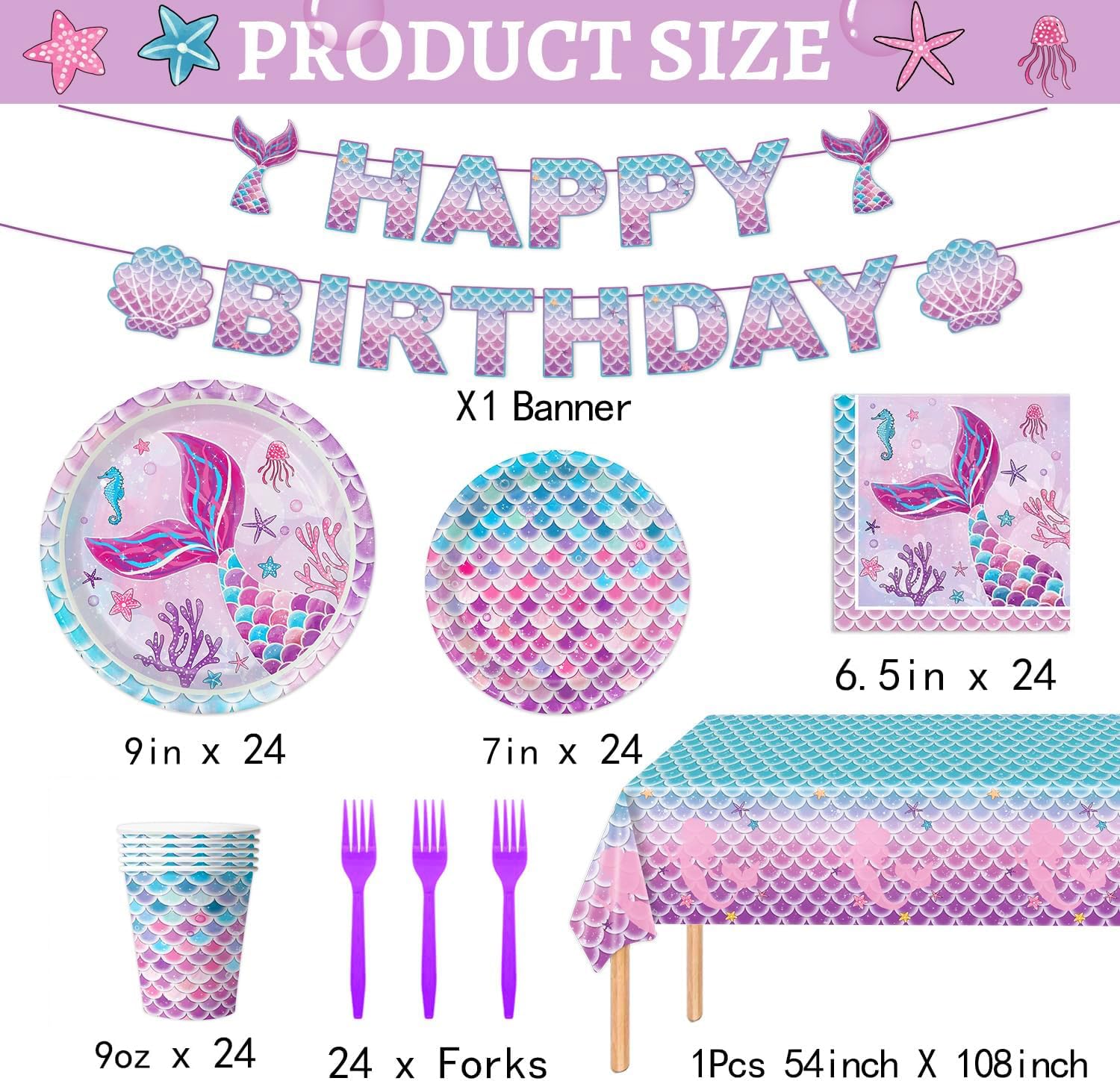 122Pcs Mermaid Birthday Party Decorations Set Mermaid Party Supplies Includes Plates, Napkin, Fork, Cup, Tablecloth, Banner for Ocean Birthday Party Decorations, Serves 24