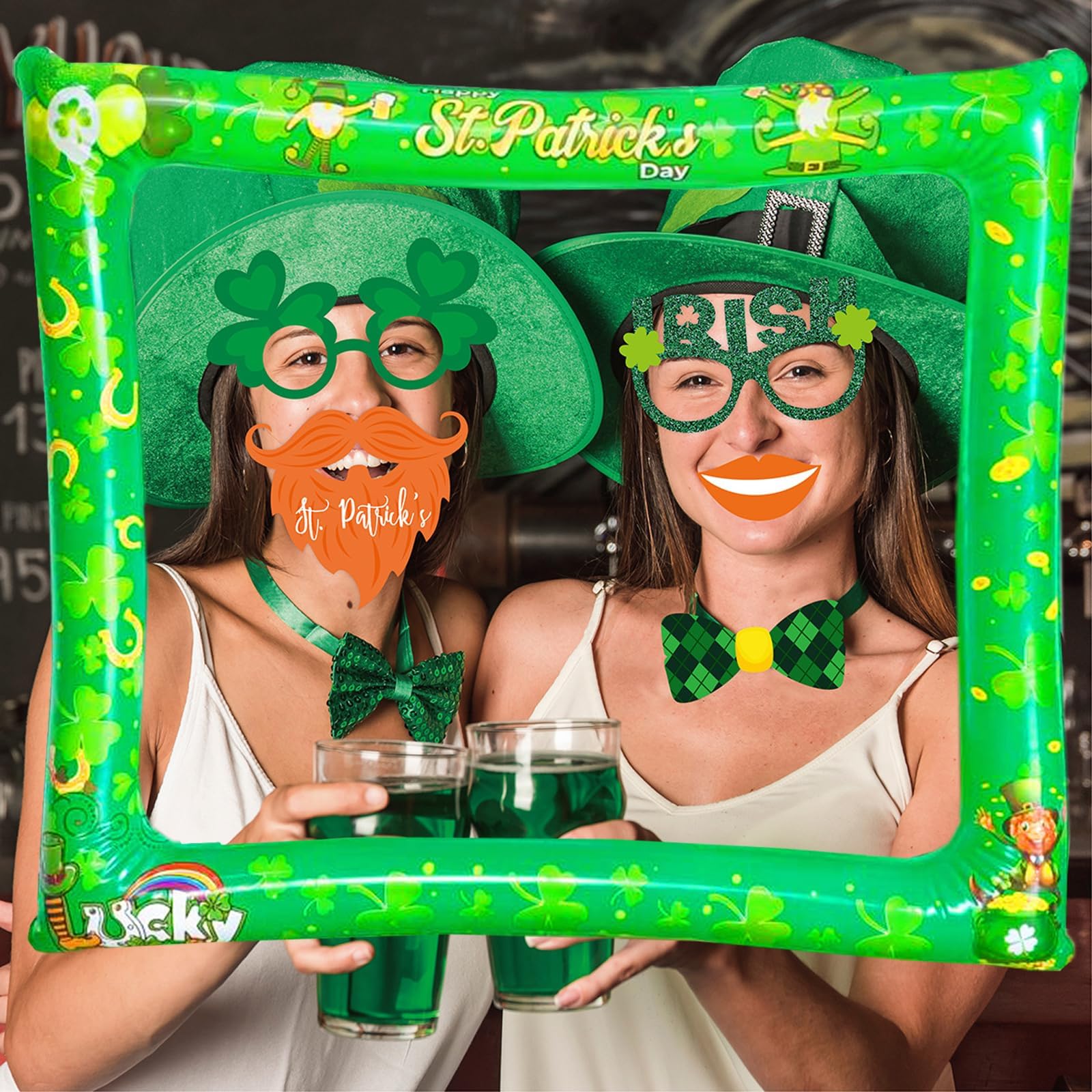 LMSHOWOWO St. Patrick's Day Inflatable Photo Booth Frame, with 35 PCS Funny Shamrock St Patricks Day Photo Booth Props, Irish Selfie Props for St Patricks Decorations Irish Day Party Supplies