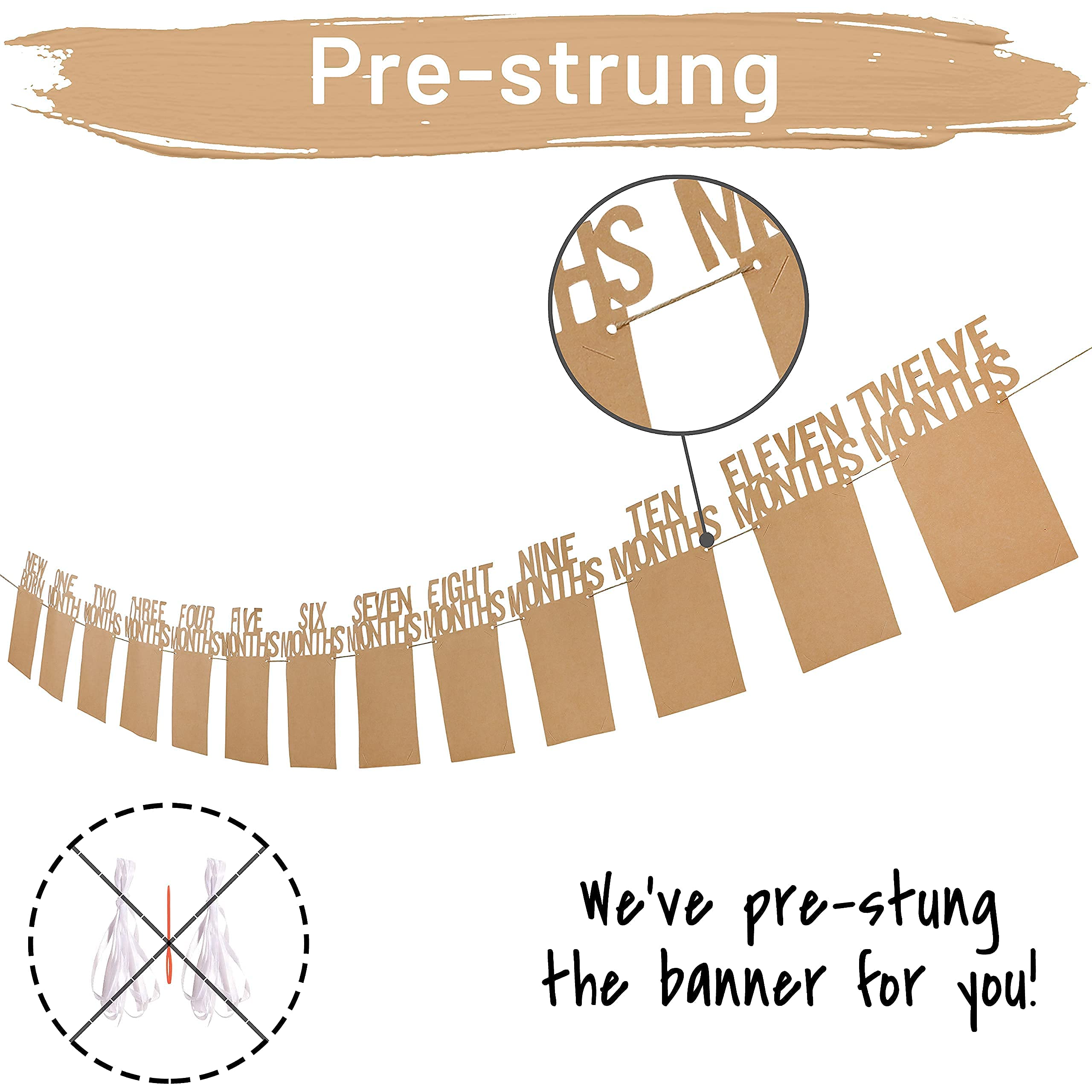 PartyHooman 1st Birthday Photo Banner for Baby from Newborn to 12 Months, First Birthday Decorations Boy or Girl Monthly Milestones Garland | 1 Year Old Photo Banner Pre-strung with Frame (Kraft)