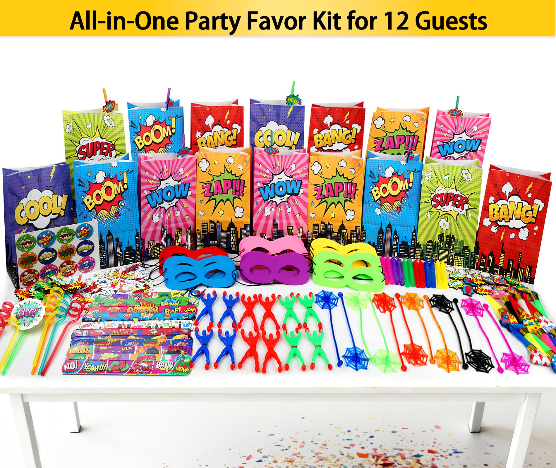 208Pcs Hero Party Favors Pack - for 12 Guests, Hero Birthday Party Supplies, with Mask Straw Slap Bracelets Keychain Party Blowers Stickers Sticky Hands for Goodie Bag Stuffer, Pinata Filler