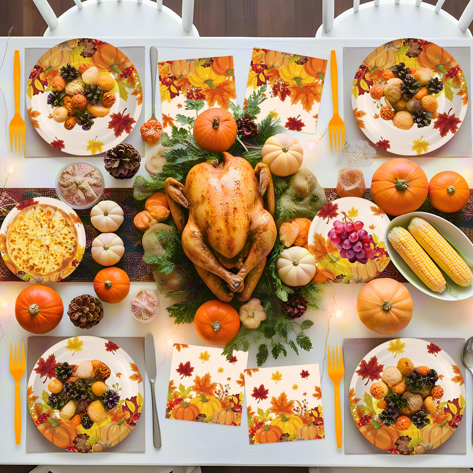 100 Pcs Thanksgiving Plates and Napkins Sets - Fall Pumpkin Maple Leaf Round Tableware, Disposable Thanksgiving Paper Plates and Napkins Forks for Thanks giving Party Supplies Table Decor, Serves 25