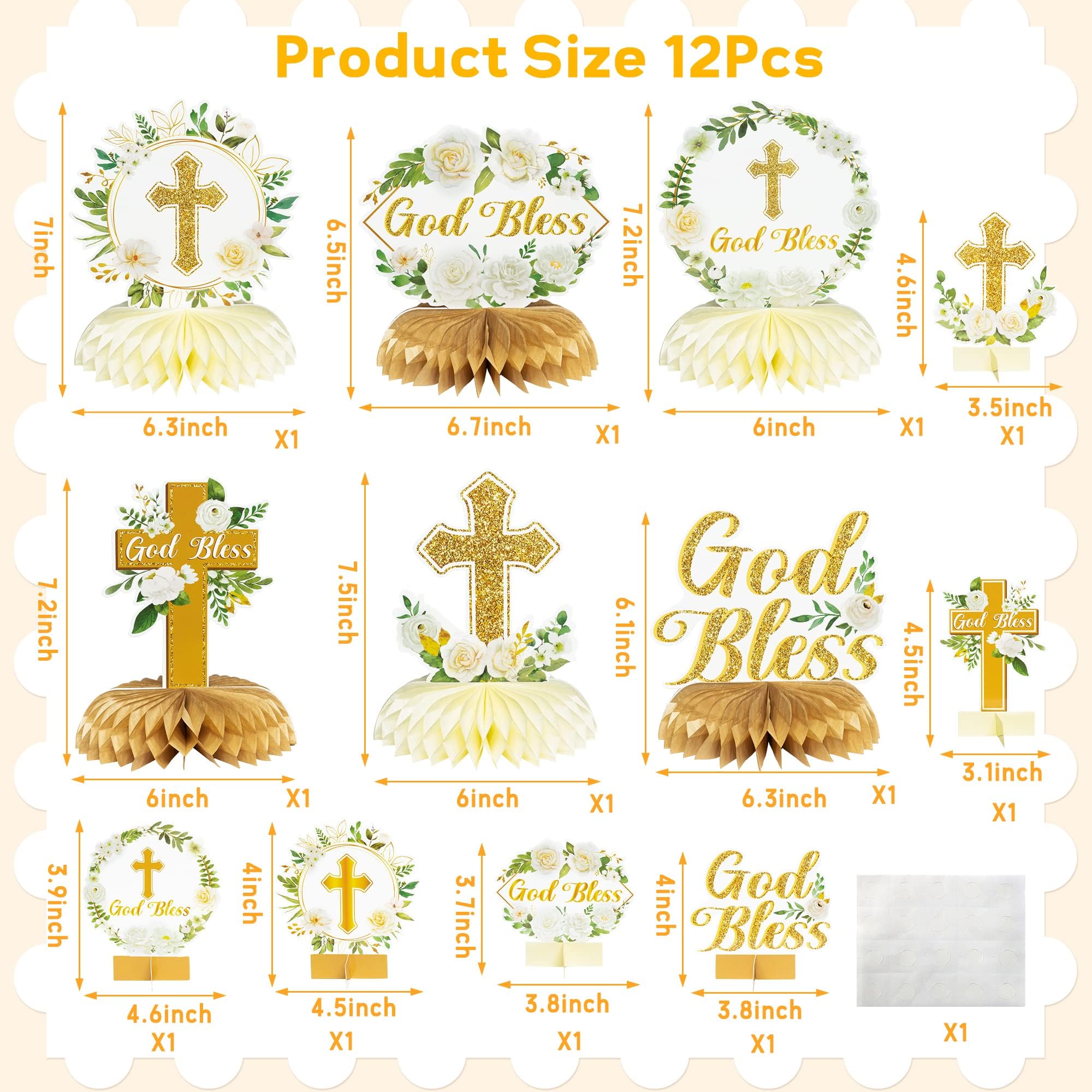 ANGOLIO White Gold Floral Honeycomb Centerpieces - 12Pcs Cross Rose Greenery God Bless Baptism Party Decoration Baby Shower First Communion Birthday Party Supplies for Boy Girl 3D Wedding Table Topper