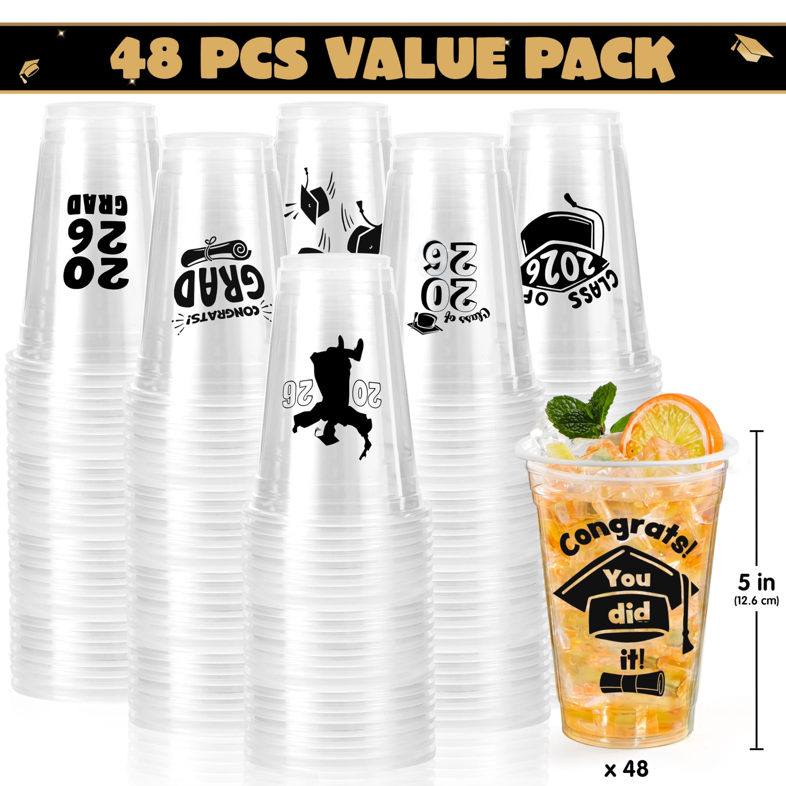 JOYIN 24 Pcs 16OZ Graduation Plastic Party Cups, Black Class of 2026 Decorations, Personalized Graduation Cups for College High School Grad Party Favors Supplies