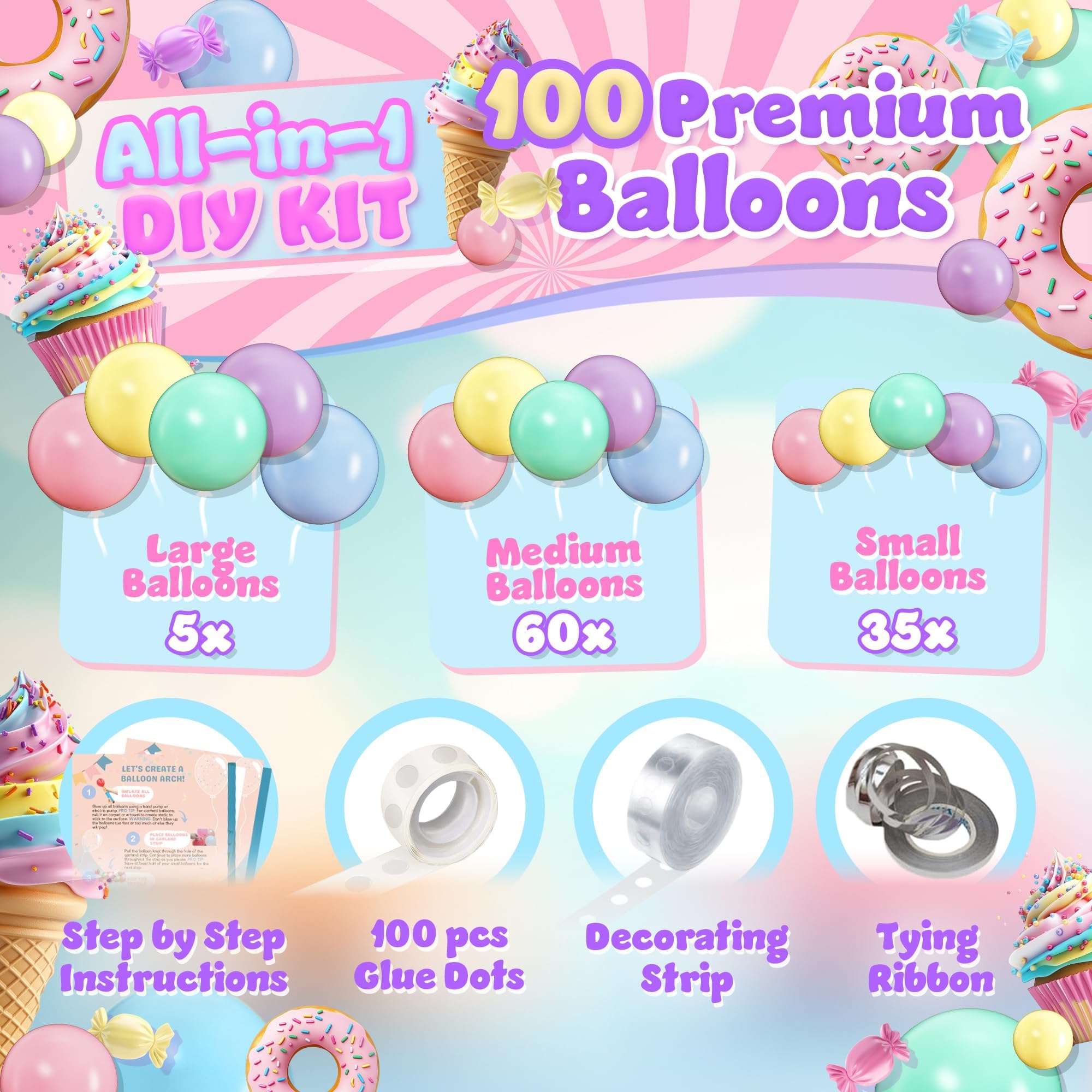 ALL-IN-1 Pastel Balloon Arch Kit for Pastel Party Decorations – Easter Spring Rainbow Party Balloons for Birthday, Baby Shower Decorations - Pastels Balloon Arch Kit with Mixed Sizes Rainbow Balloons
