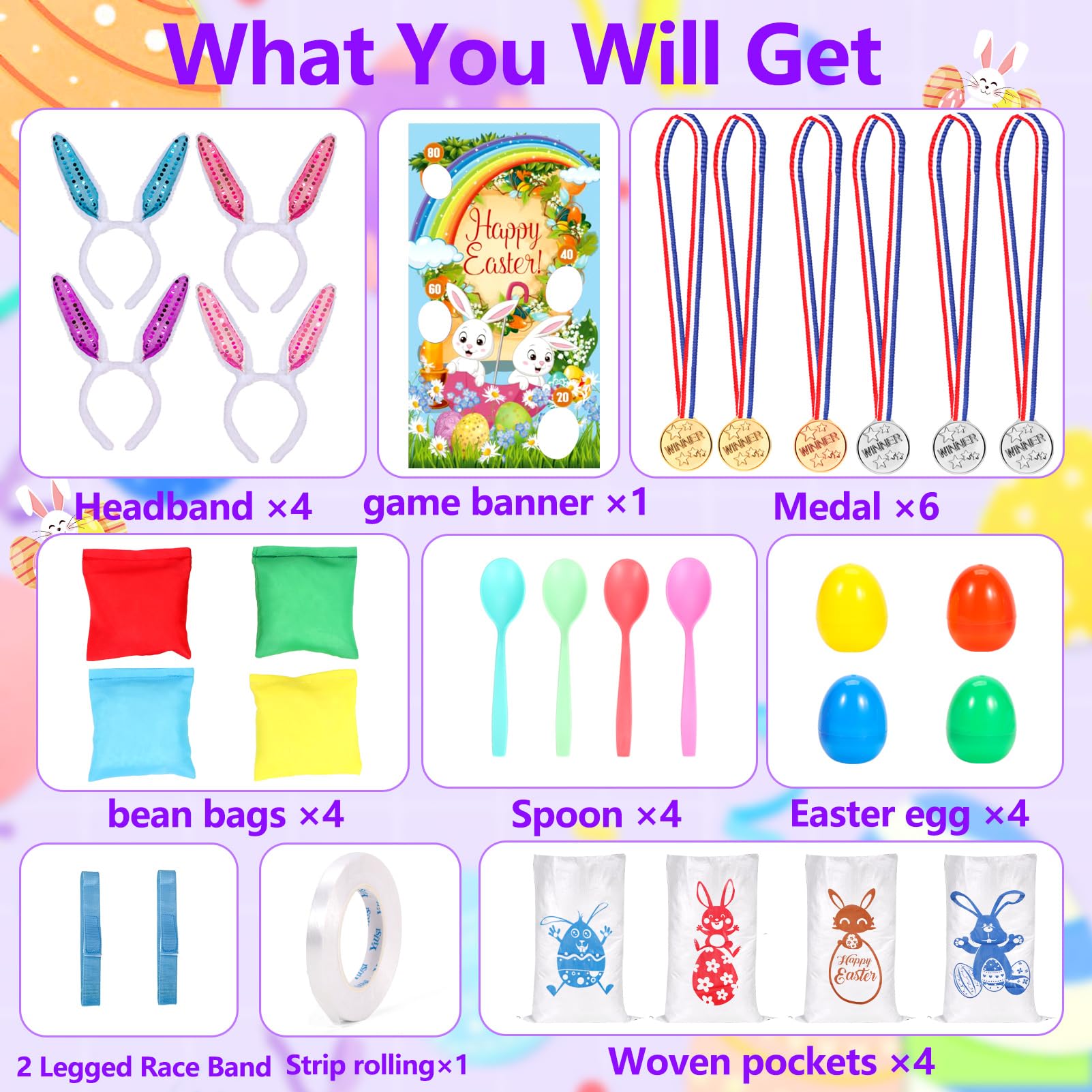 Atonofun Easter Outdoor Party Games for Kids, Potato Sack Race Jumping Bags, Bunny Ears Headbands, Egg and Spoon Race, Legged Relay Race Bands for Easter Theme Party Favor, Easter Eggs Hunt Game