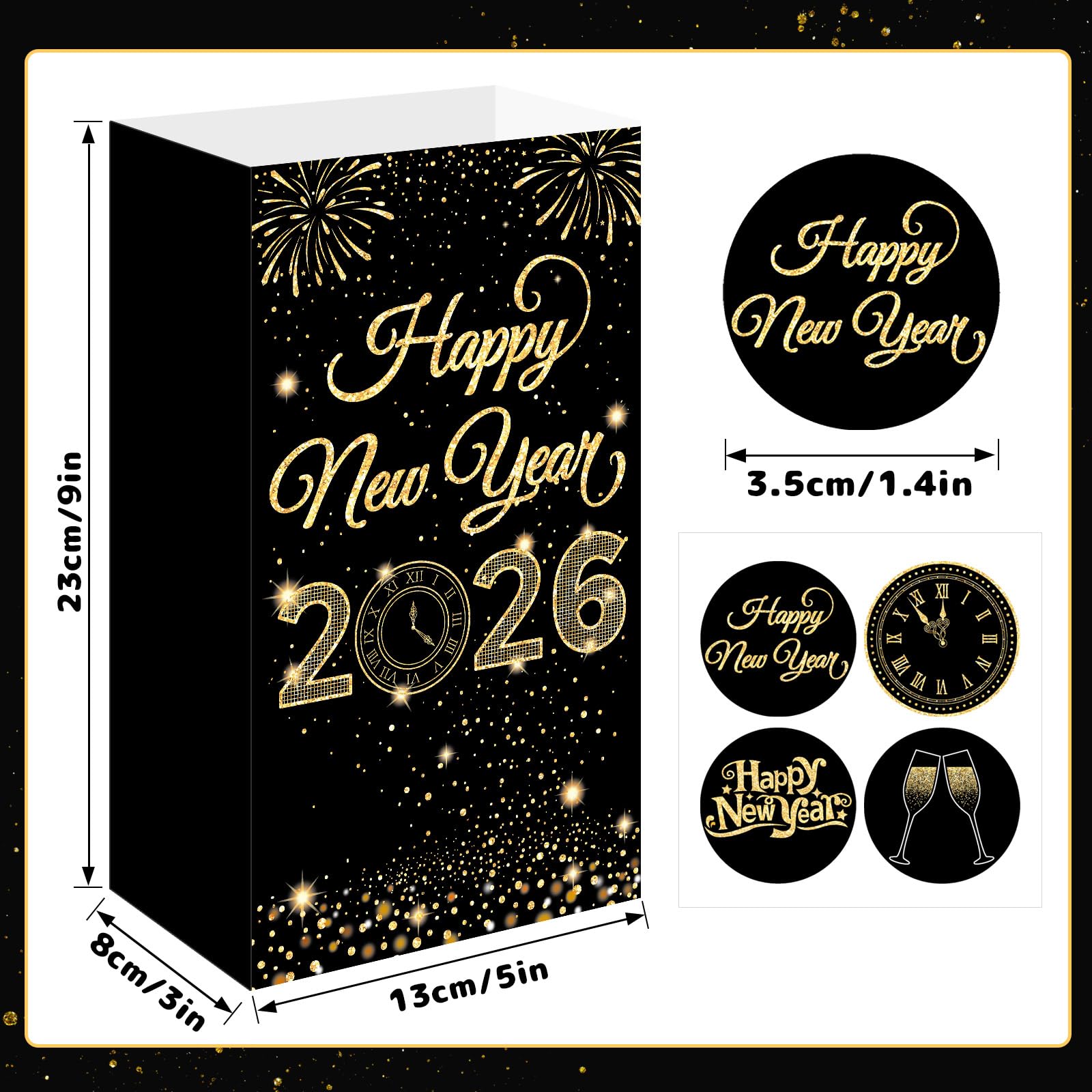 FEBSNOW 24 Pack Happy New Year Gift Bags, Happy New Years Eve Party Favors Candy Treat Goodie Bags for New Years Eve Party Supplies Decorations 2026 with 24 Pcs Happy New Year Stickers