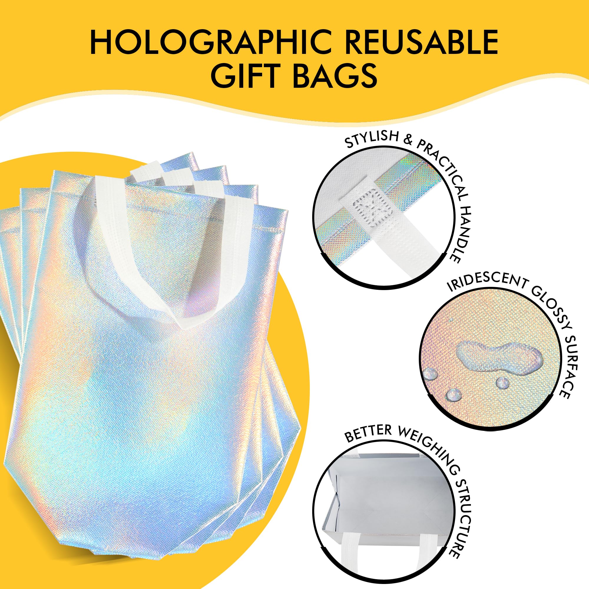 100 Pcs Iridescent Glossy Gift Bags Medium Size, 8x4x10 In Holographic Reusable Gift Bags with Handles & Sturdy Base, Ideal for Birthday, Wedding, Bachelorette, Party Favors, Holiday Goodie Bag
