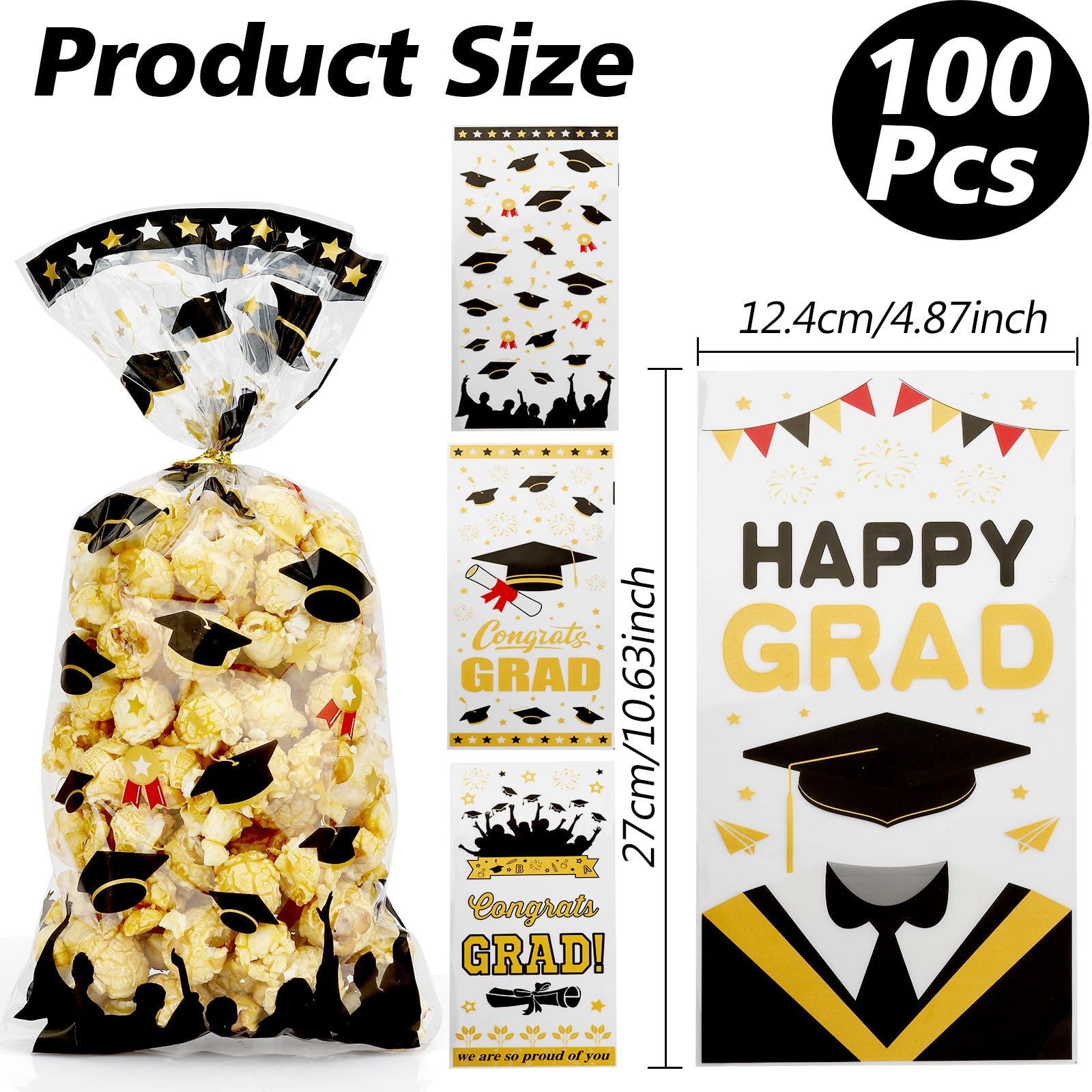 Leislam Graduation Treat Bags, Graduation Cellophane Treat Bags, 100 PCS Graduations Gift Bag, Plastic Clear Cello Candy Cookie Snack Goodies Bag with 100 Pcs Gold Ties for Graduations Party Favors Su