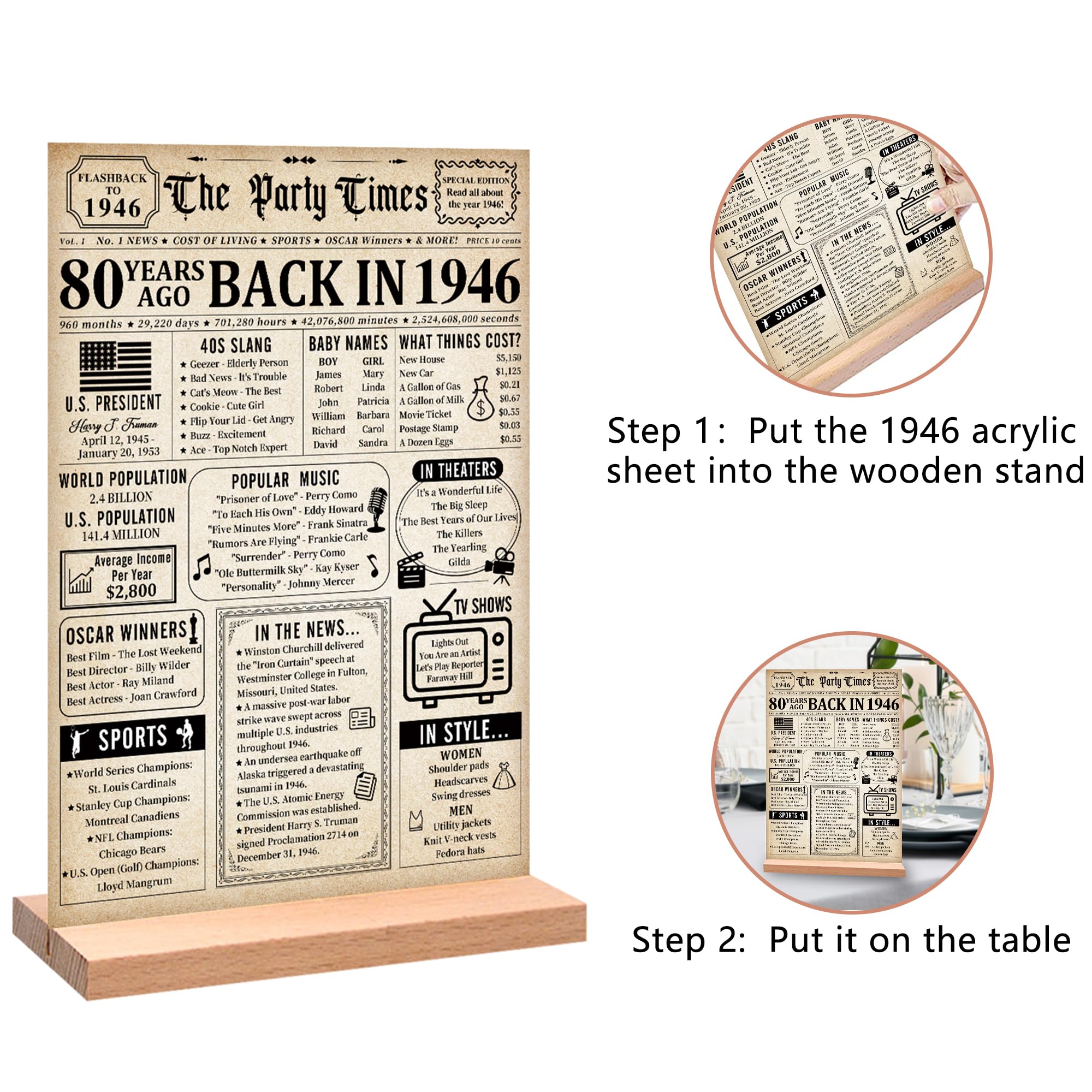 Trgowaul Vintage 80th Birthday Back in 1946 Poster Acrylic Table Sign