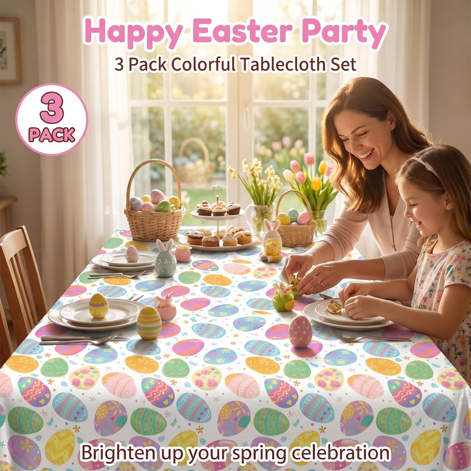 BeadRiver 3 Pack Easter Tablecloth - Colorful Easter Eggs Table Cloth, Disposable Plastic Rectangle Table Cover for Easter Party Decorations, Spring Table Decor, Home Kitchen Dining Party Supplies
