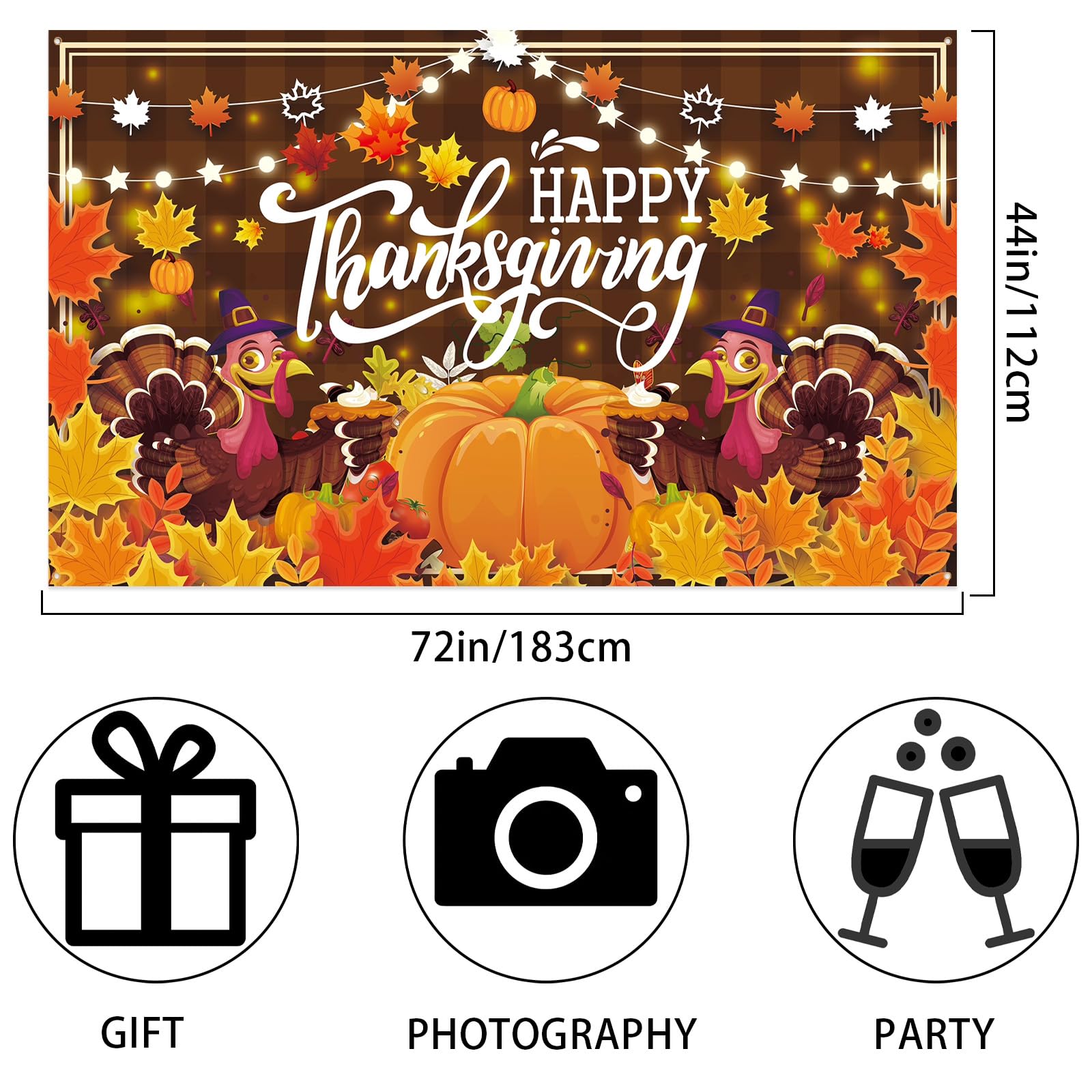 Large Thanksgiving Banner 72x44 Inch Turkey Pumpkin Happy Backdrop for Yard Indoor Wall Decor, Thanksgiving Decorations Outdoor Party Supplies with Maple Leaf Design for Home Photography Background