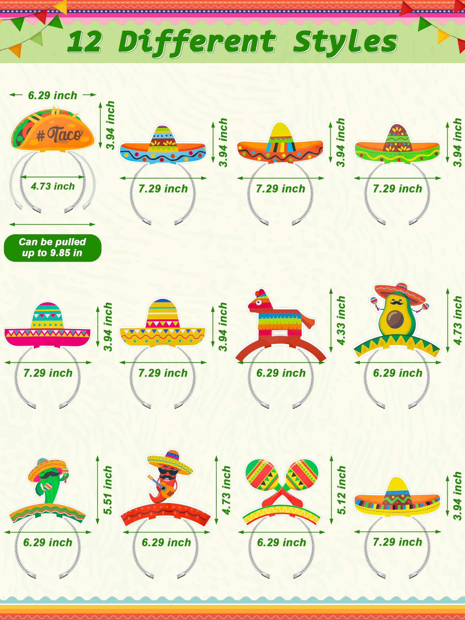 12 PCS Colorful Patterned Cardboard Sombrero Hats, Fiesta Headbands for Mexican Theme Celebration Party Favors