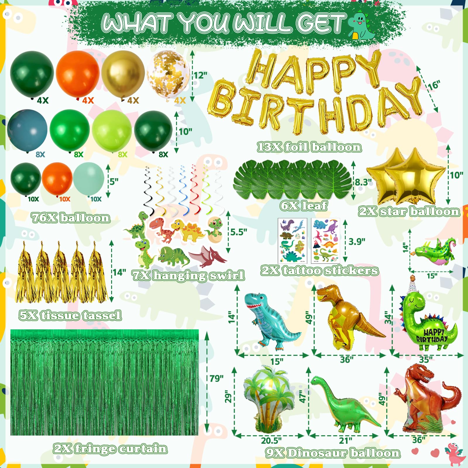 125pcs Dinosaur Birthday Party Decorations, Dinosaur Balloons Arch Garland Kit with Fringe Curtain, Balloons for Party Baby Shower Decorations for Boy Kids