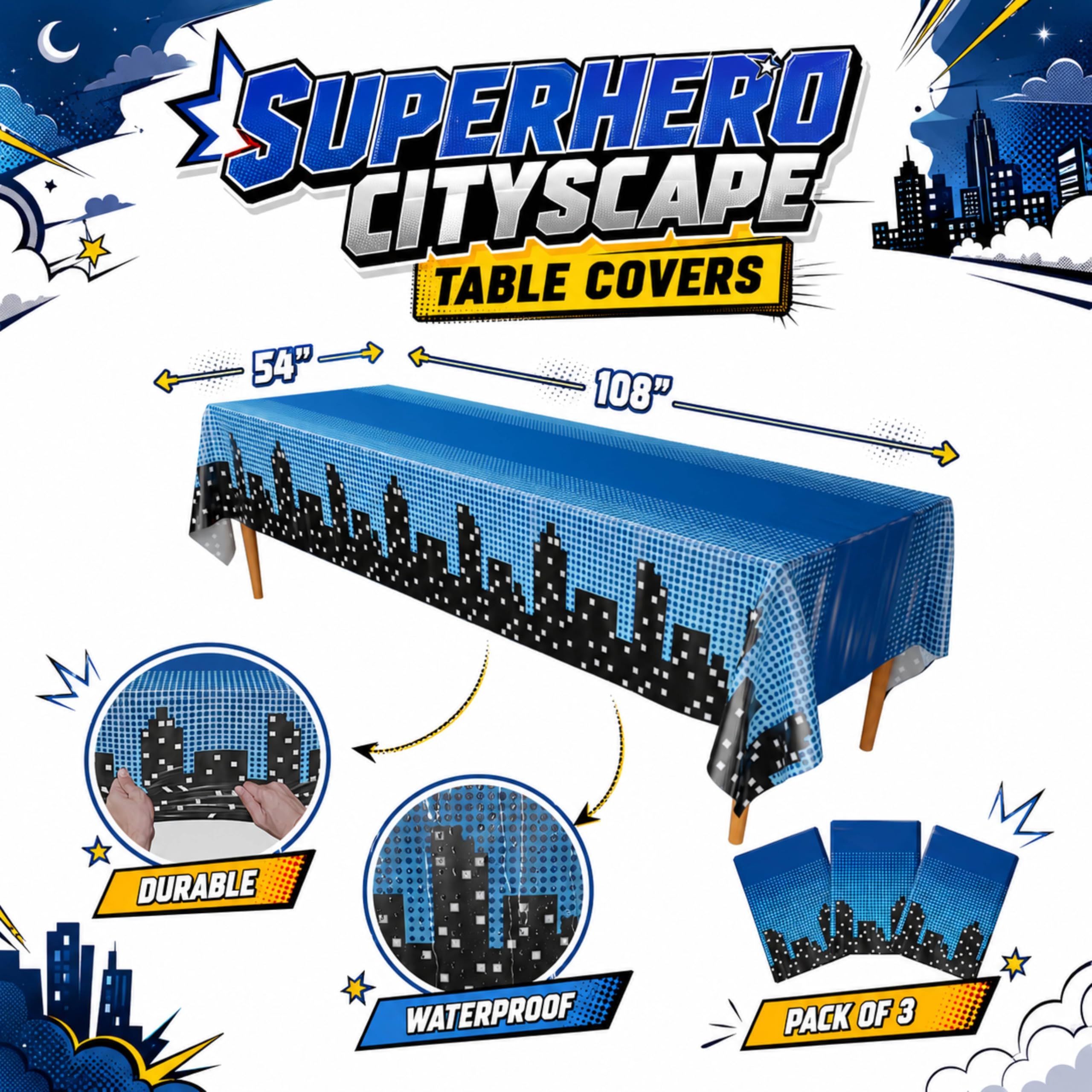 Blue Orchards Superhero Cityscape Table Covers (Pack of 3) 108"x54" XL - Boy Super Hero Tablecloth for Parties, Birthday Party Supplies, Decorations, Durable Disposable Waterproof Plastic Table Cloth