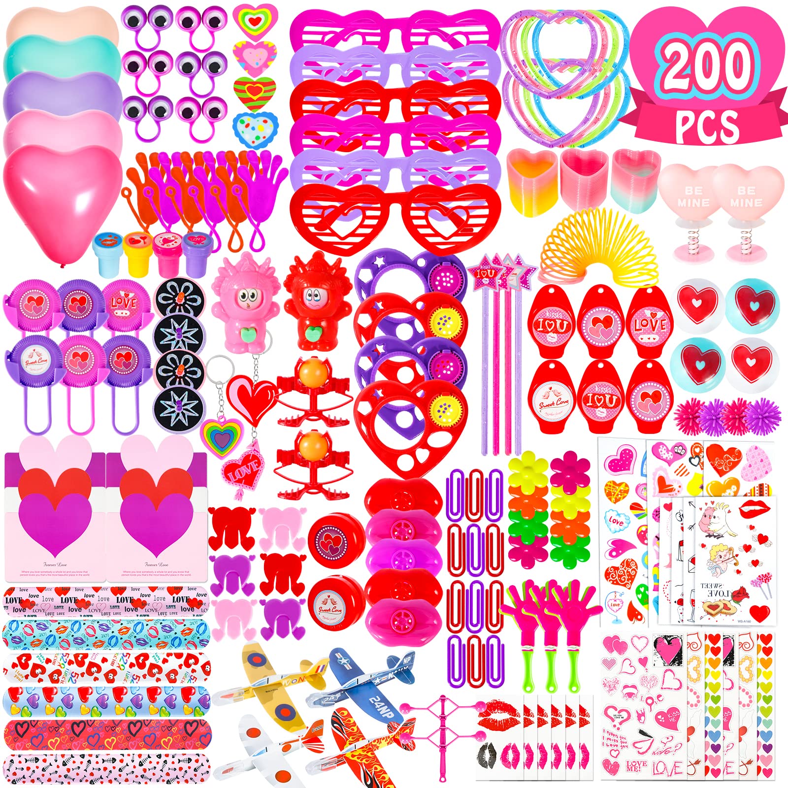 Thuodo 200pcs Valentines Party Favors Toys Assortment, Valentines Day Gifts for Kids as Valentine Classroom Prizes Rewards Bulk Goodie Bag Stuffers Birthday Party Supplies(Valentines)