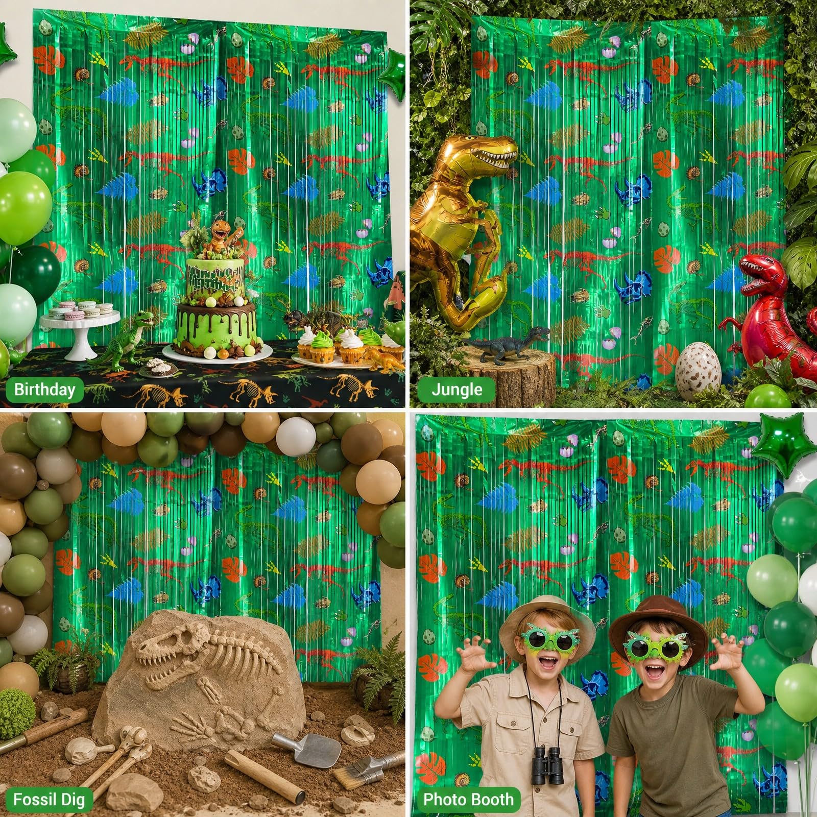2Pack Dinosaur Foil Fringe Curtain, Dino Birthday Party Backdrop Decoration