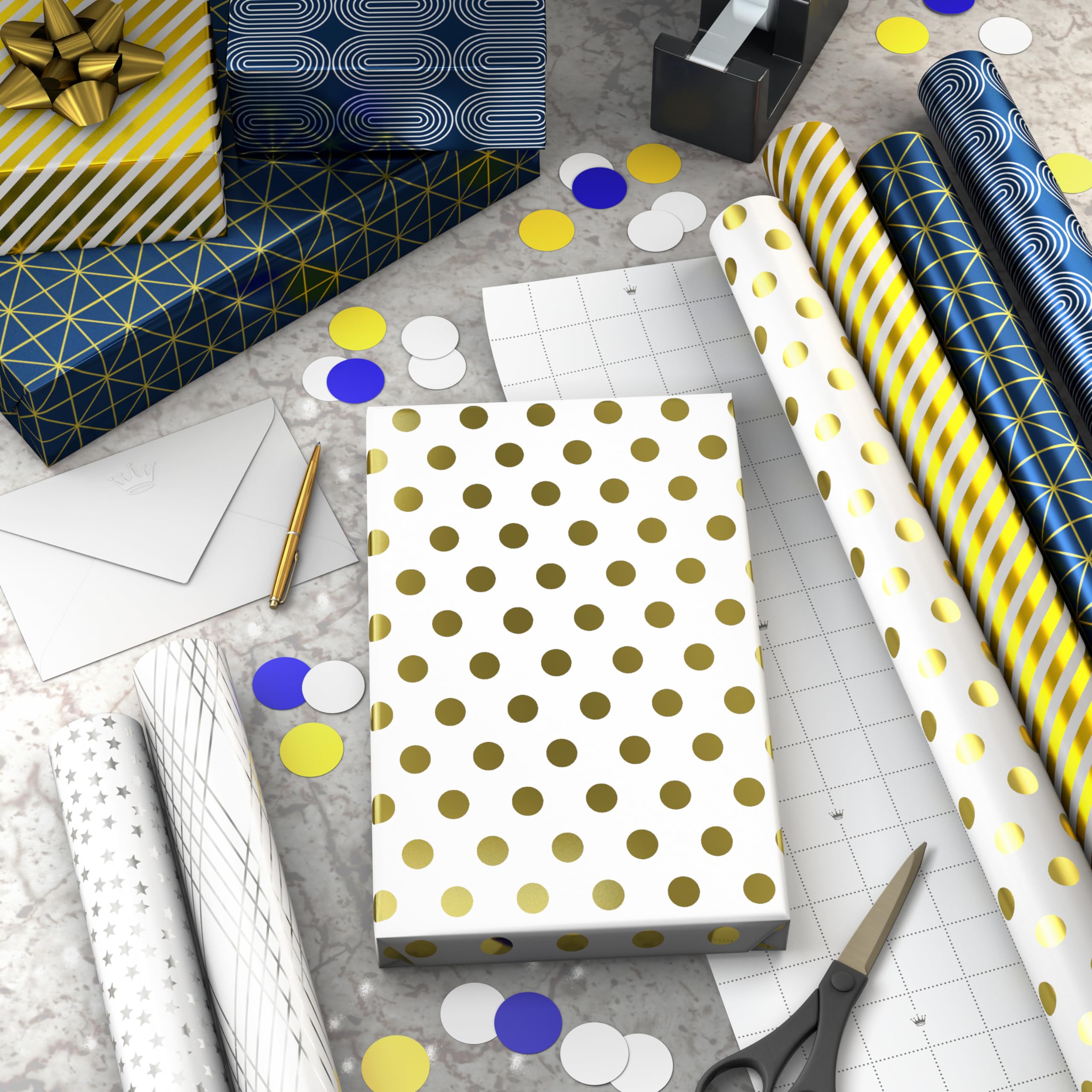 Hallmark Bulk Wrapping Paper Rolls for Birthday, Wedding, Graduation – Blue Metallic Gift Wrap Paper (Set of 6 Rolls: 180 Square Feet Total) Silver Stars, Gold Dots, Stripes, Navy