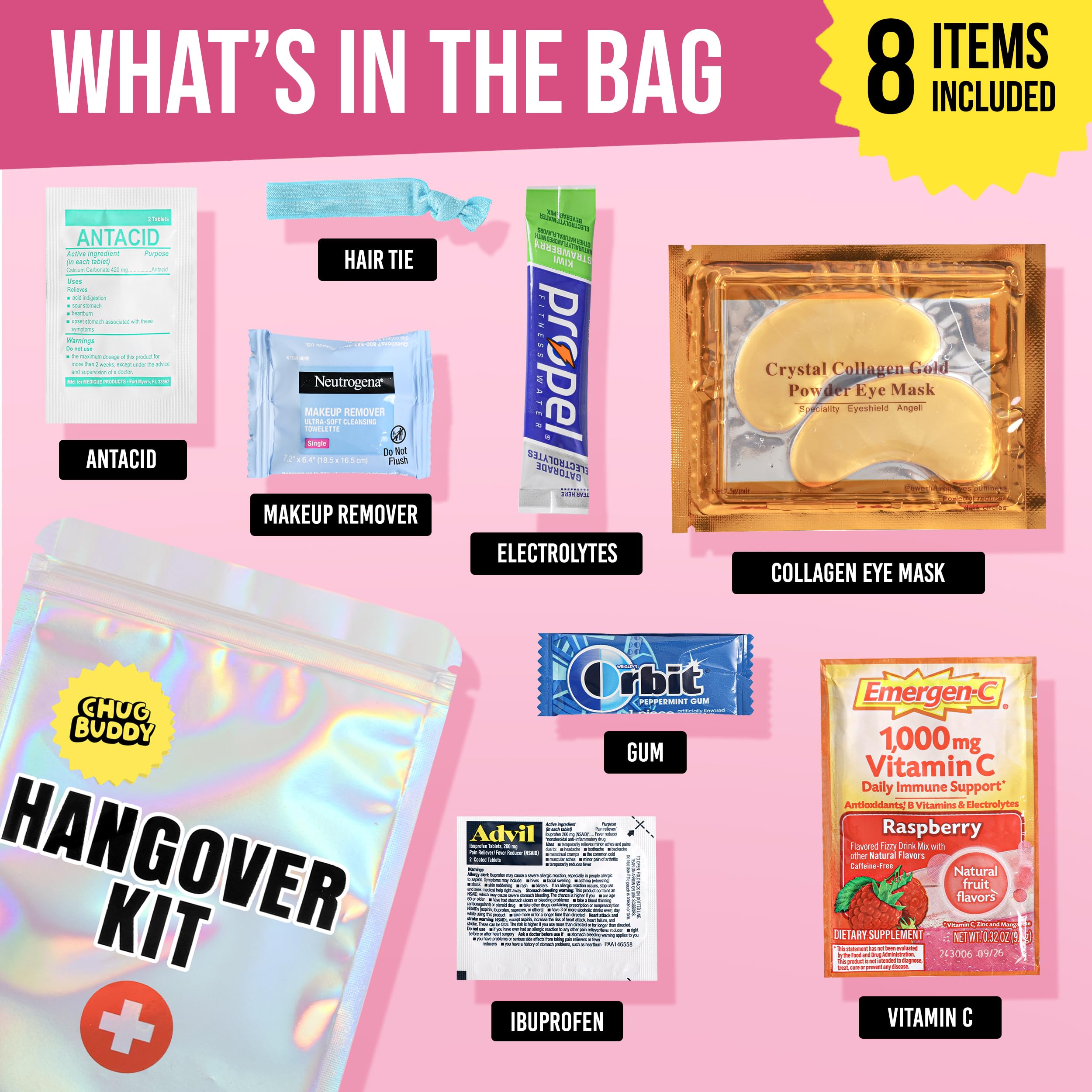 Chug Buddy Hangover Kits (10 Pack) for Bachelorette Party Favors, Weddings & 21st Birthdays | Pre-Filled Bulk Hangover Kit Bags for Bridesmaids, Girls Trips & Party Events (10 Premium Packs)