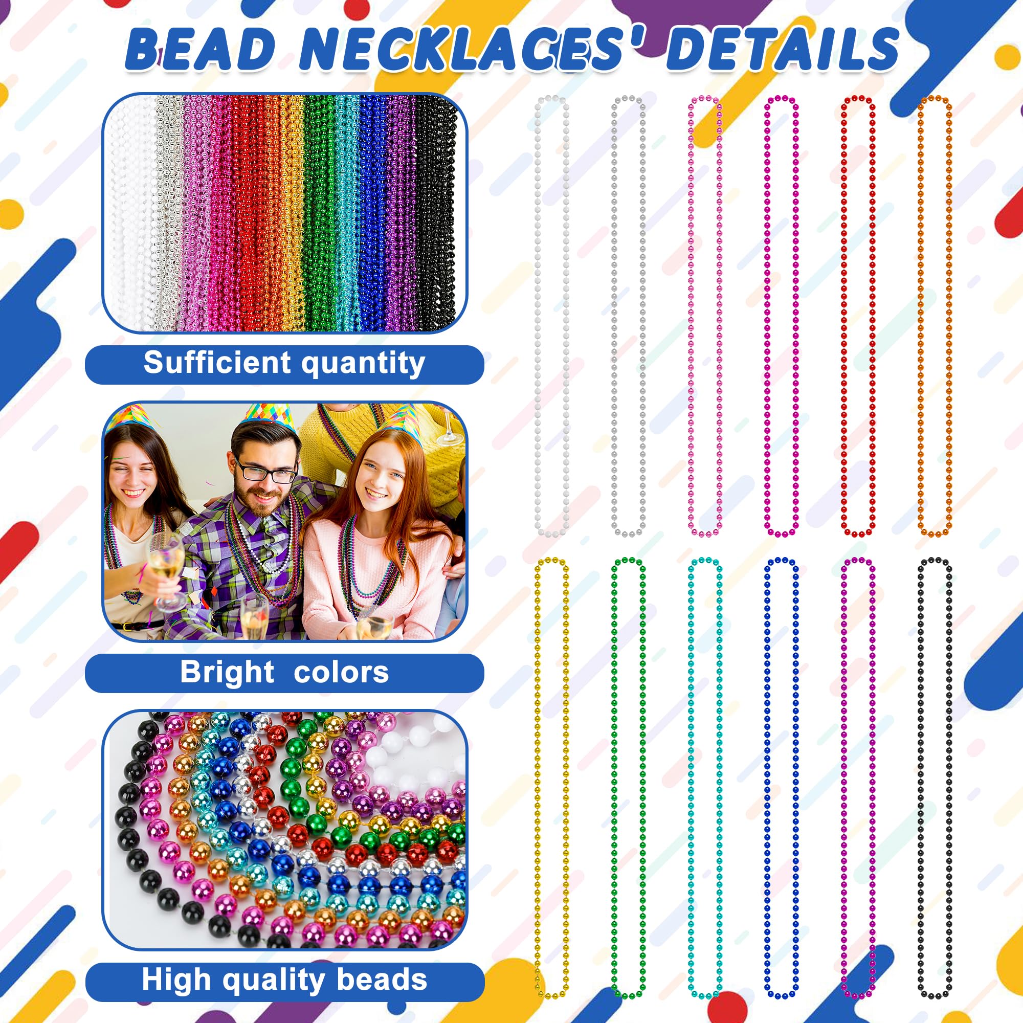 Huskein 200PCS Mardi Gras Beads, 33" Bead Necklace, Colorful Mardi Gras Accessories, Women Men Party Beads Parade Throws Bulk for Christmas Pirate Baby Shower Carnival Birthday Party Supplies Decor