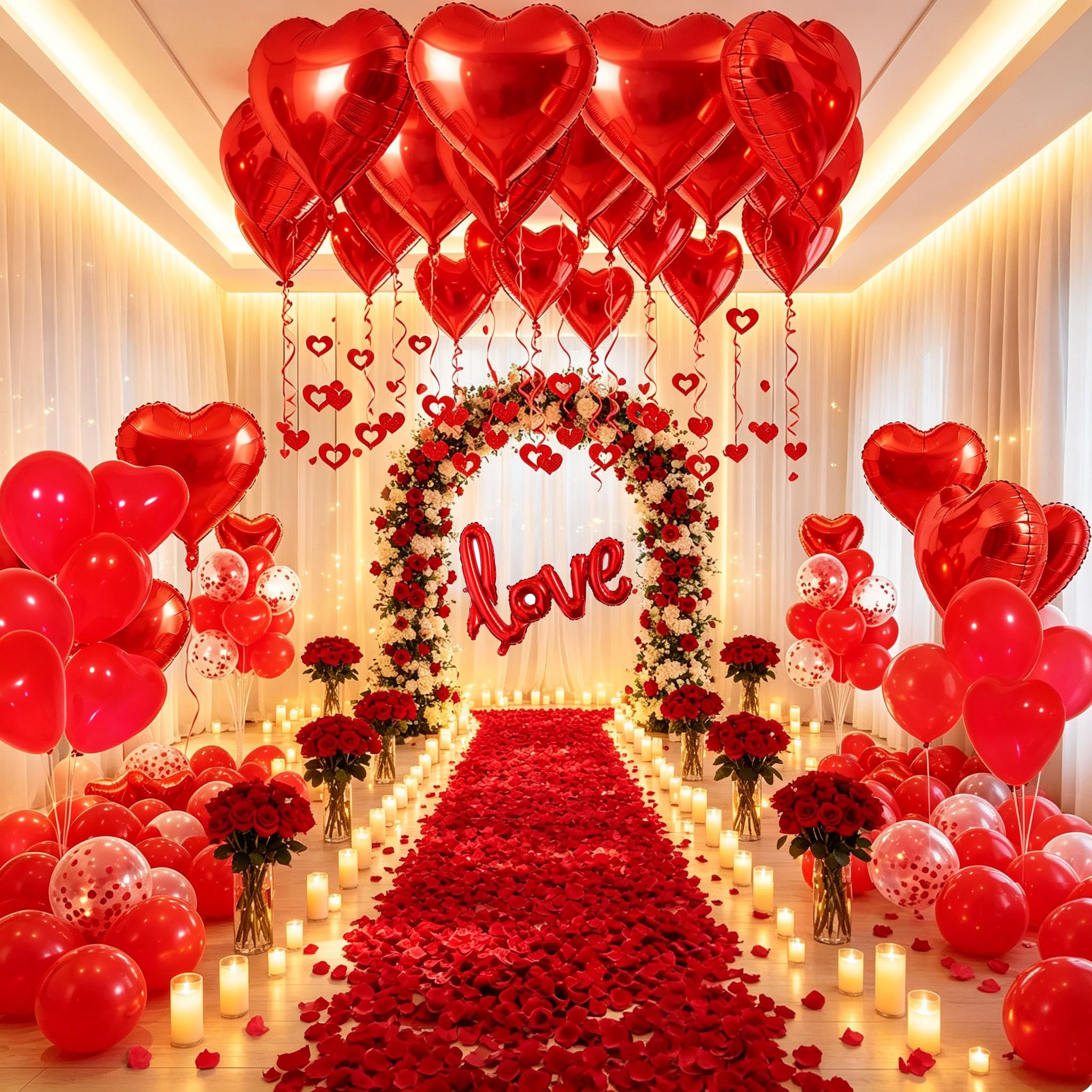 Red Valentines Day Decorations with Red Heart Balloons and Love Balloon, Fake Rose Petals for Wedding Decor, Anniversary Decorations Romantic with red Latex Balloons and Heart Hanging Decor