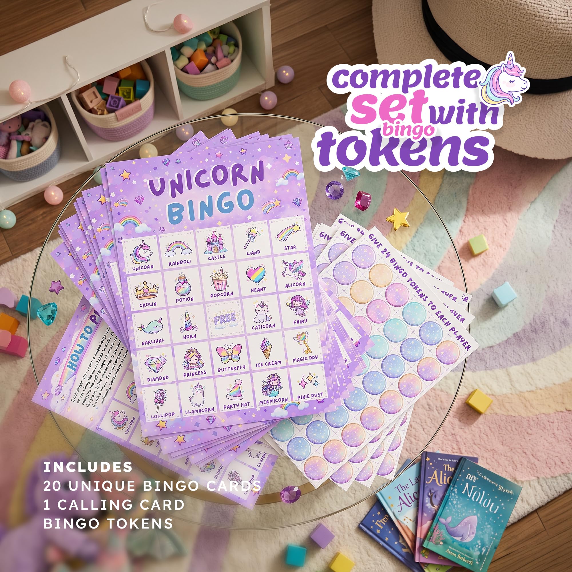 Markt Unicorn Birthday Bingo Game for Kids, Birthday Party Games, Kids Party Games Supplies, 20 Players