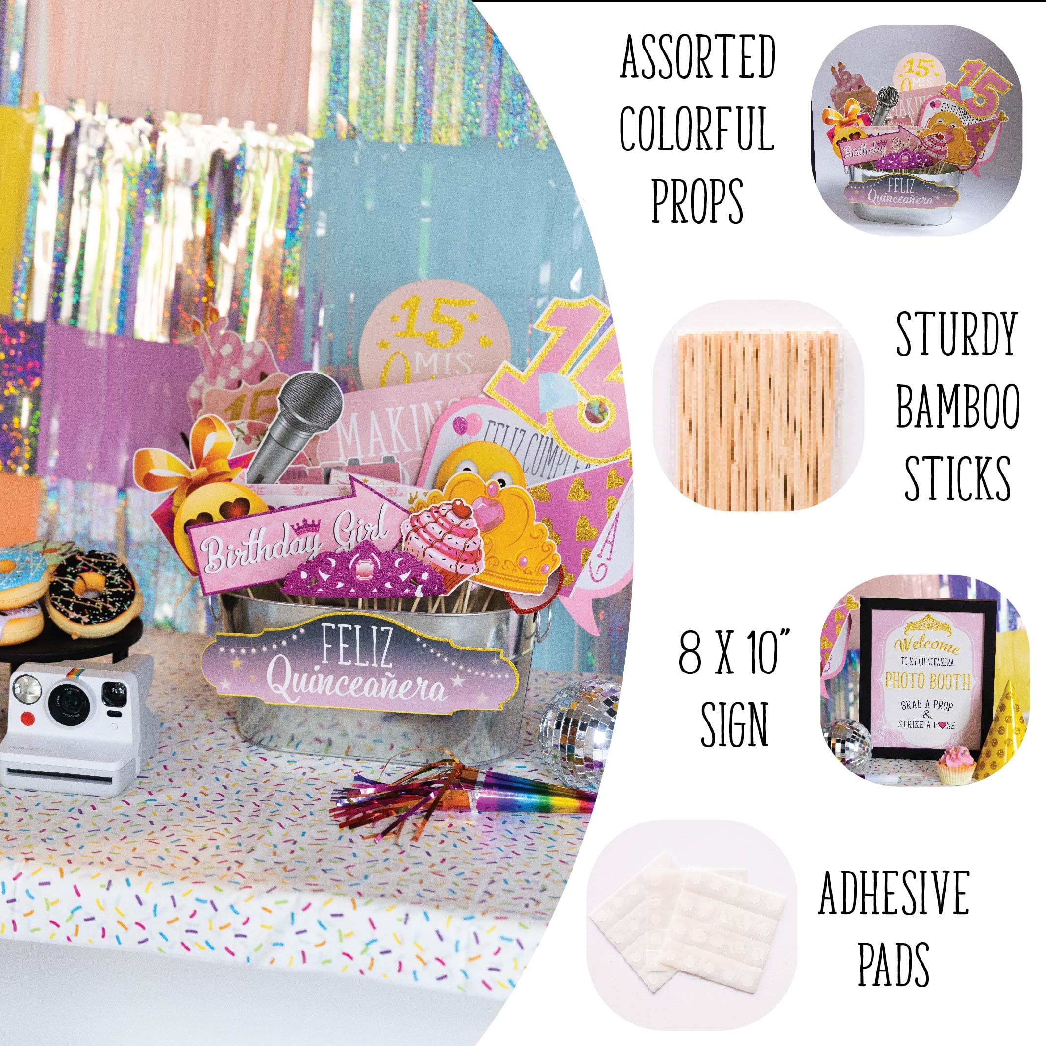 Quinceanera Photo Booth Props - 41-pc Photobooth Kit with 8 x 10-Inch Sign, 60 Adhesive Pads, 45 Sticks - Sweet 15 Photo Booth Props - Decoracion para 15 Años Quinceañeras