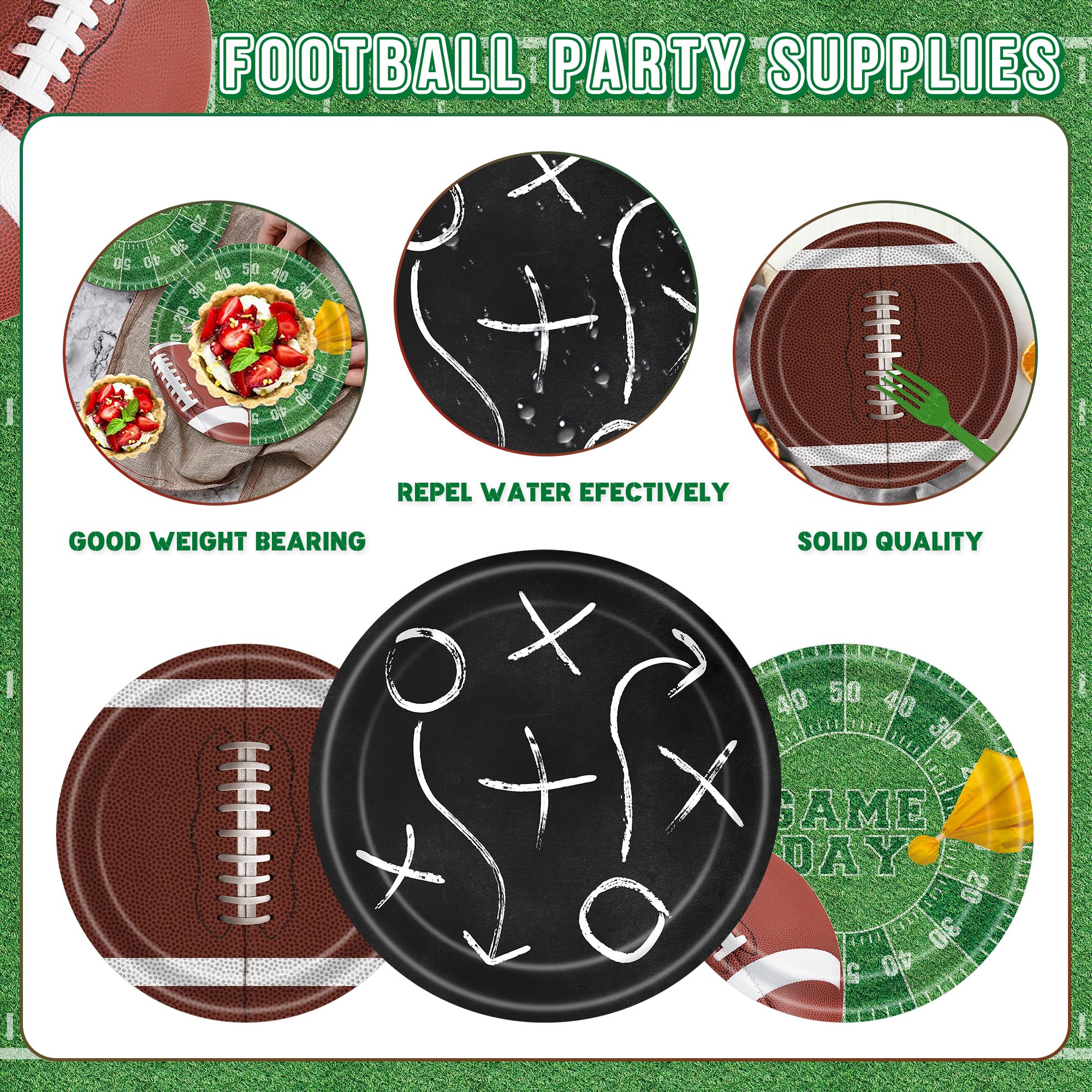 Football Party Supplies Decor Kit for 24 Guests - 3 Tablecloths, Microwave-Safe Plates, Napkins, Cups, Cutlery & GAME TIME Banner | Football Touchdown Decor for Birthday, Tailgate Party, Big Game Day