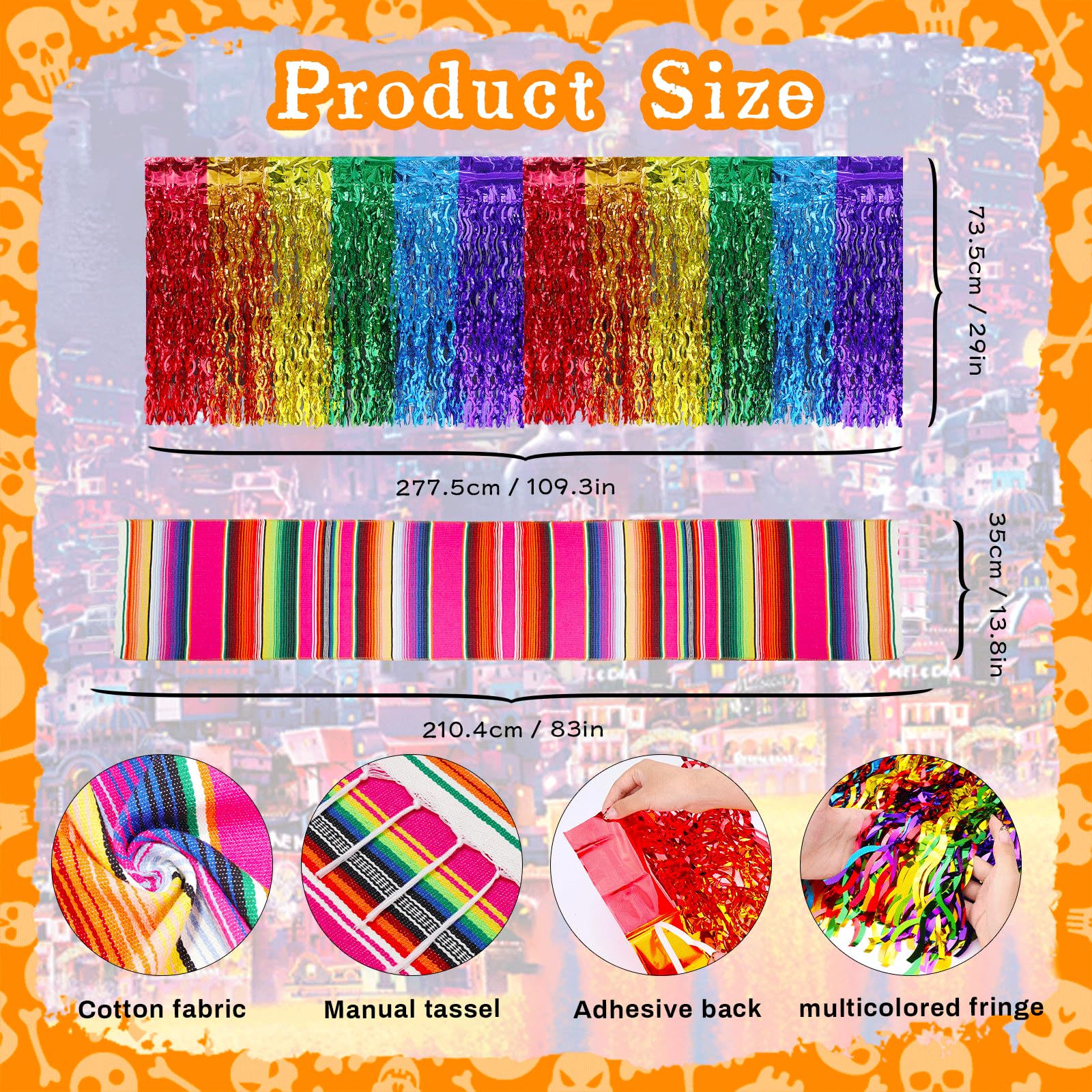 96Pcs Day of The Dead Decorations Set,18 Mexican Party Banners Papel Picado, 2 Marigold Garland, 50 Marigold Flowers, Table Skirt, Table Runner, 24 Butterfly for Dia De Los Muertos Diwali Altar Decor