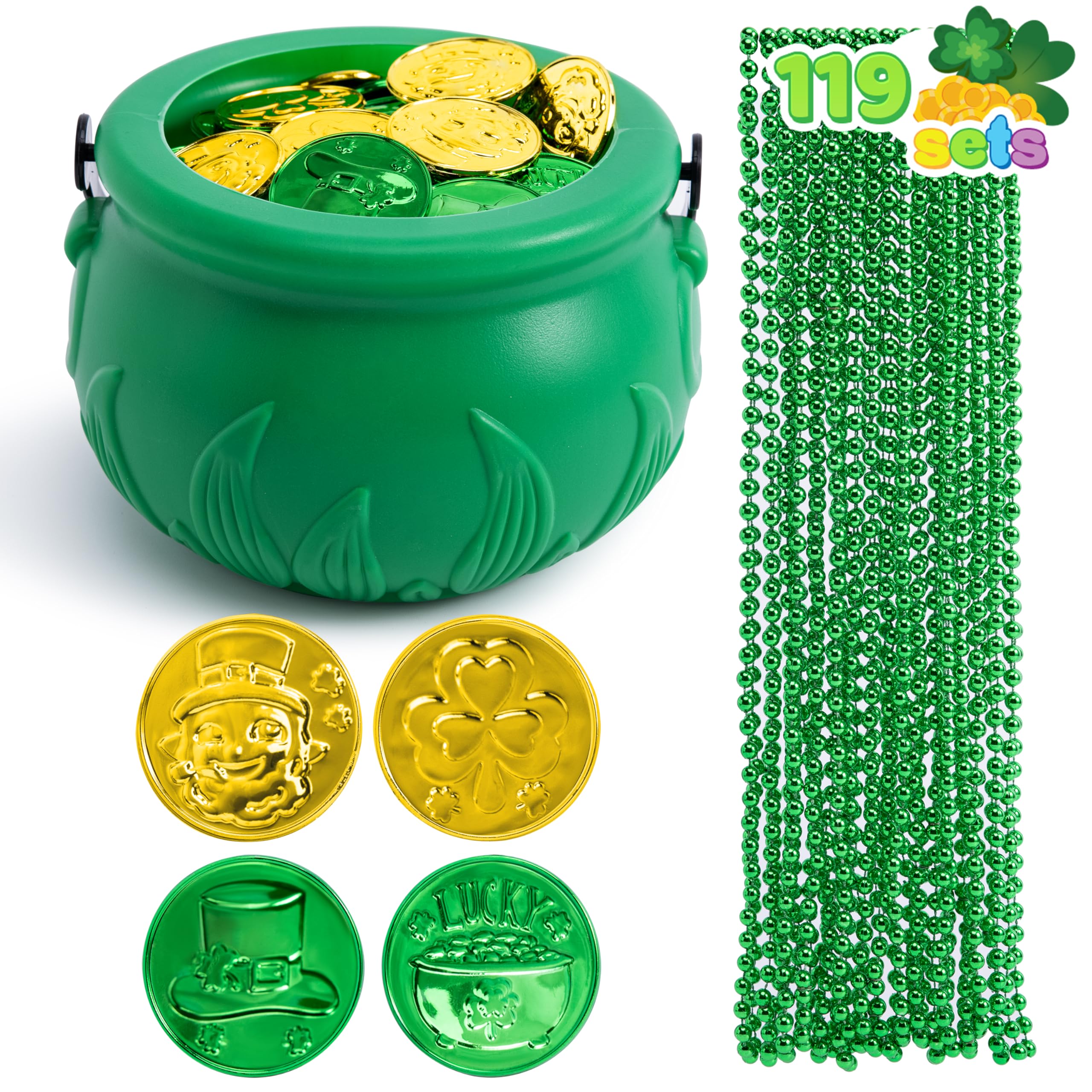 JOYIN 119 Pcs St. Patrick’s Party Supplies Set, 18 Bead Necklaces, 100 Plastic Coins and 1 Cauldron, St Patrick’s Day Party Favor Supply (Green Cauldron, Bead Necklace, Green and Gold Coins)