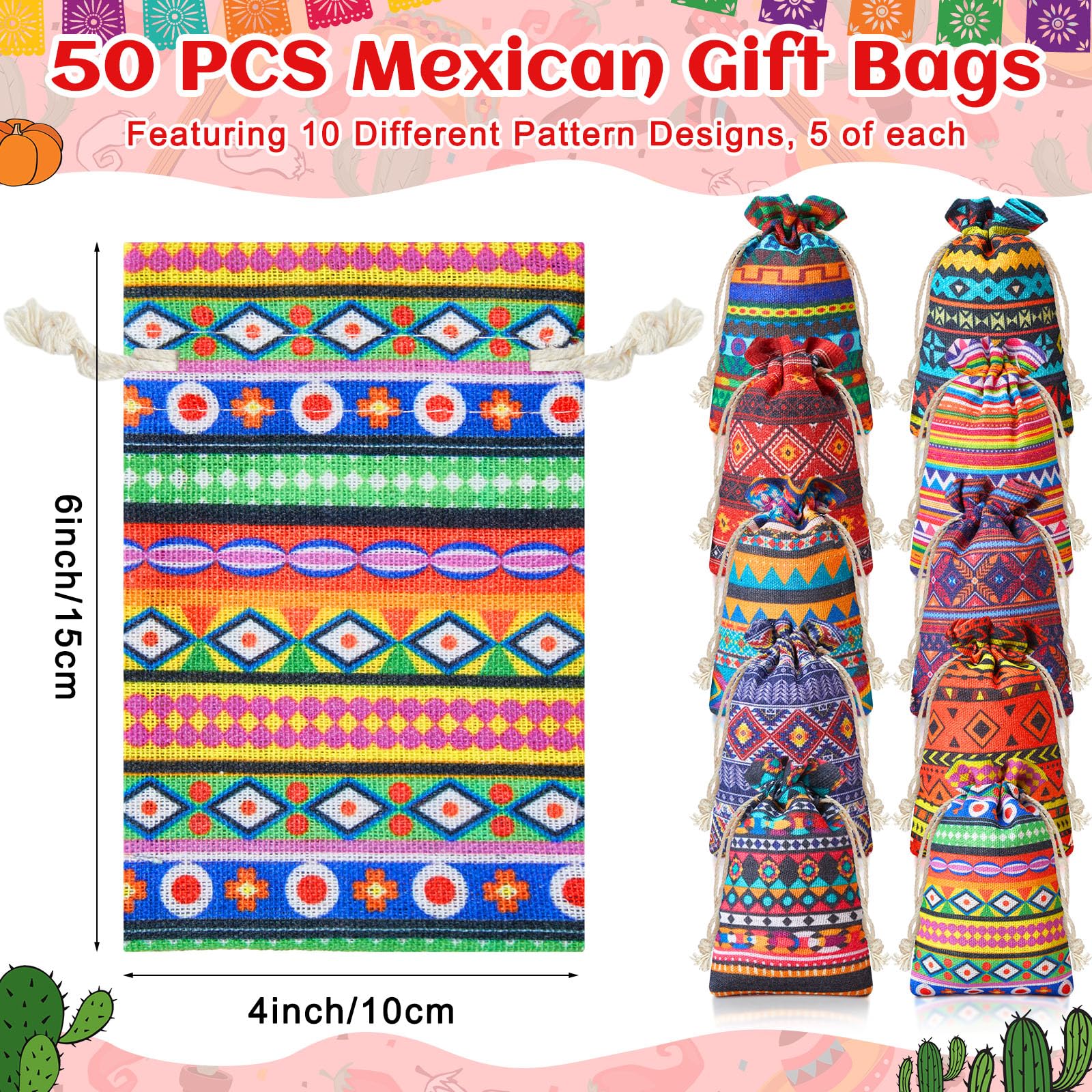 SilTriangle 50 Pcs Mexican Cloth Drawstring Gift Bag 4 x 6 Inch Fiesta Mini Cotton Jewelry Pouches Reusable Goodie Candy Bags for Cinco De Mayo Grad Party Holiday Favor Supplies