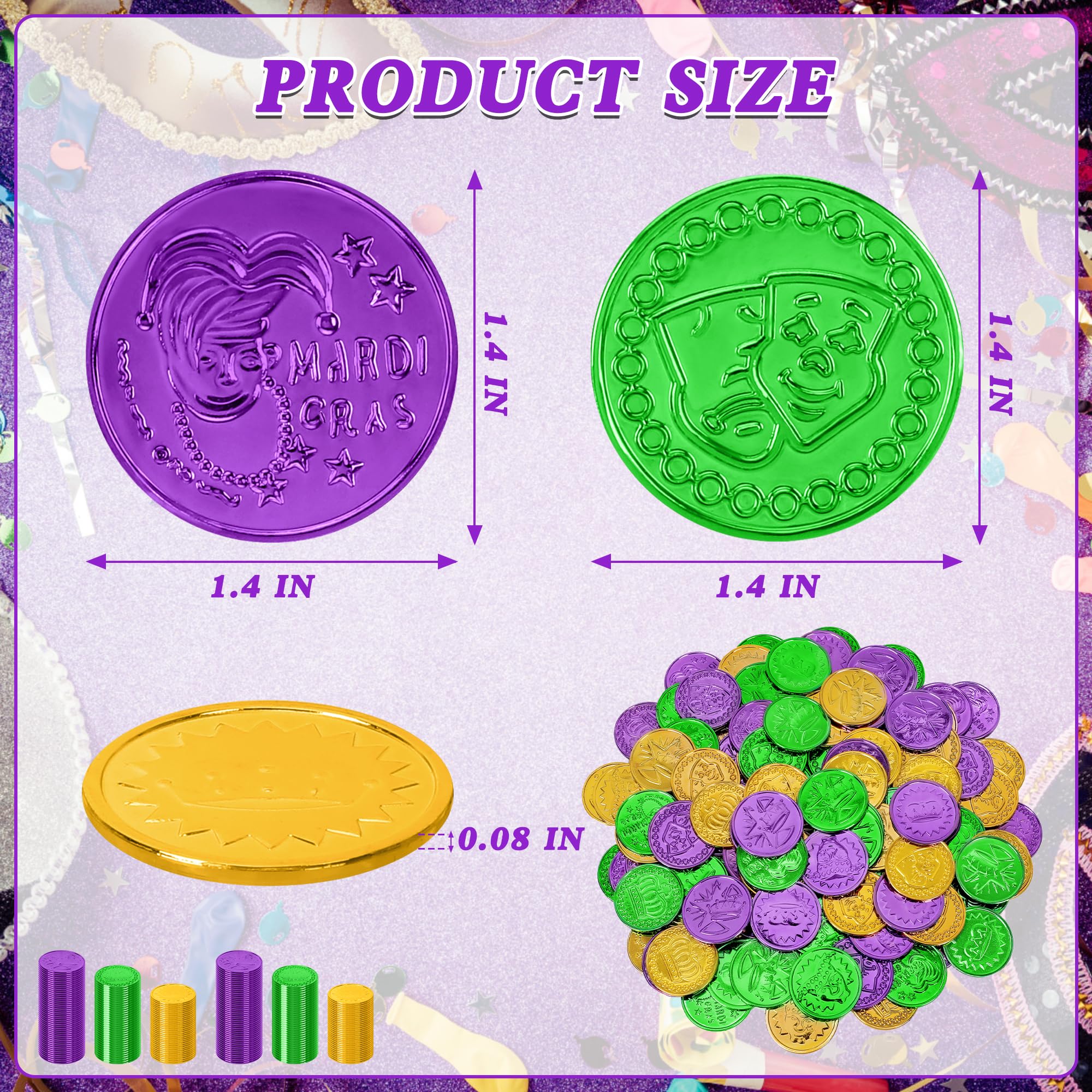 120 PCS Mardi Gras Decorations, 1.4 in Plastic Gold Coins, Purple Gold Green Mardi Gras Coins Fake Coins Mardi Gras Tokens, Mardi Gras Party Supplies Costume Accessories for Parade Maskquerade