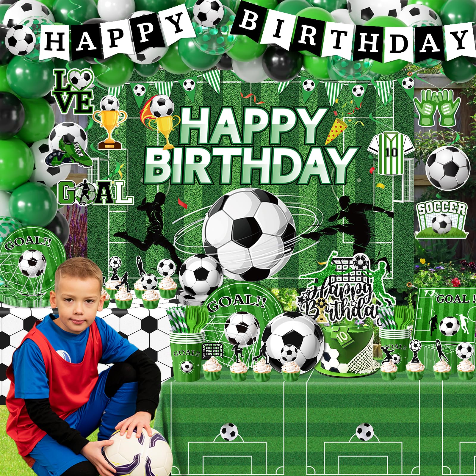 Soccer Birthday Party Decorations,276pcs Soccer Party Decorations Soccer Birthday Plates Napkins Cups Tablecloth Backdrop Cake Topper Balloon Arch for Soccer Party Supplies,Serve 24