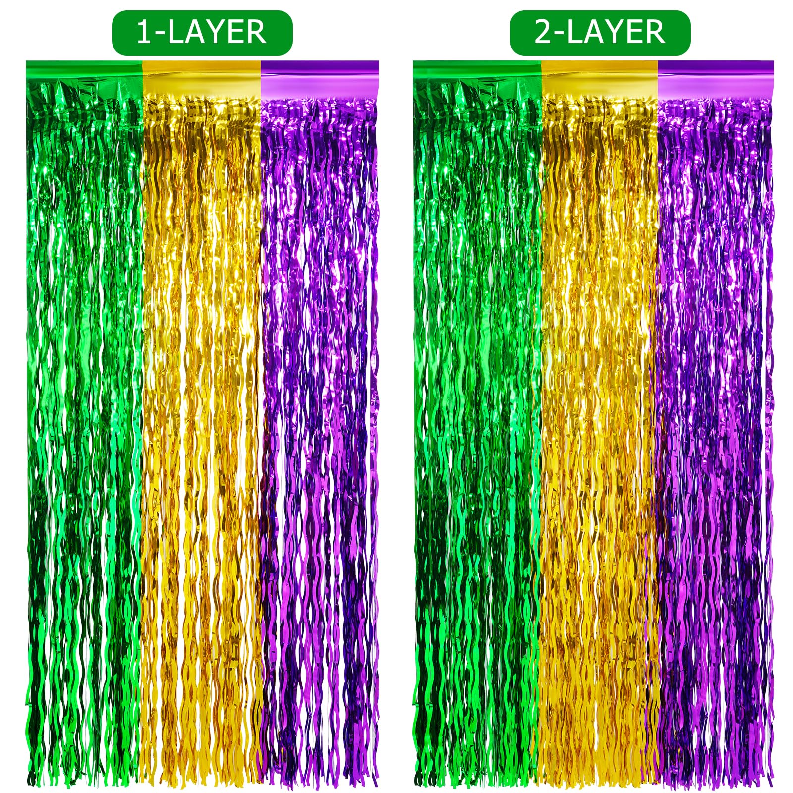 6 Pack 3.3Ft x 6.6Ft Mardi Gras Wavy Foil Fringe Curtain Backdrop Decorations, Purple Gold Green Metallic Tinsel Foil Streamers Curtain Photo Background for Mardi Gras Carnival Wedding Birthday Party