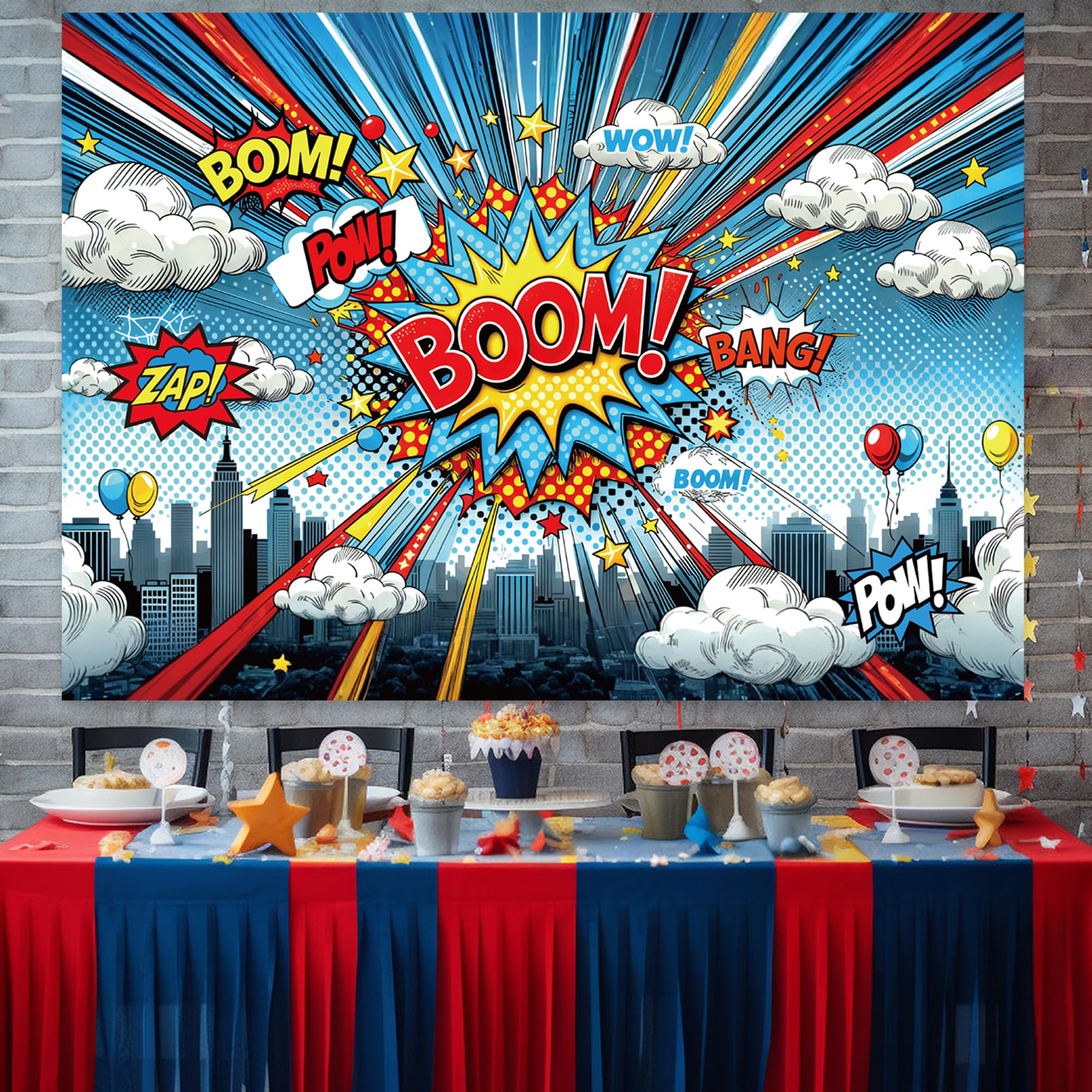 Cartoon Hero Birthday Backdrop 7x5ft Comic Skyline Buildings Cityscape Background for Super City Hero Theme Birthday Party Decoration