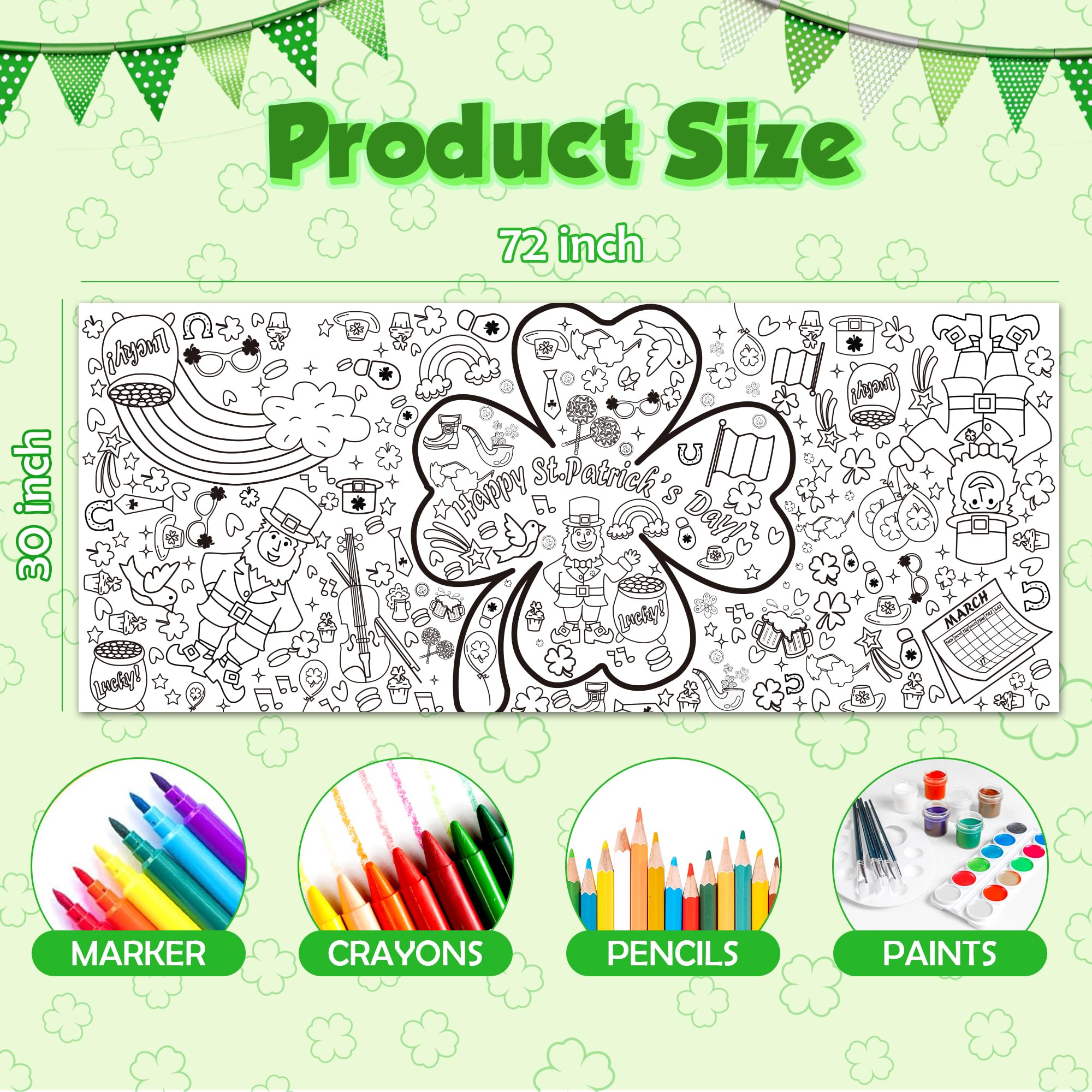 OHOME St Patrick's Day Giant Coloring Poster/Tablecloth - 72×30 Inch St Patricks Day Crafts for Kids,St Patricks Day Gifts Games Activities Toys Decor Party Decorations