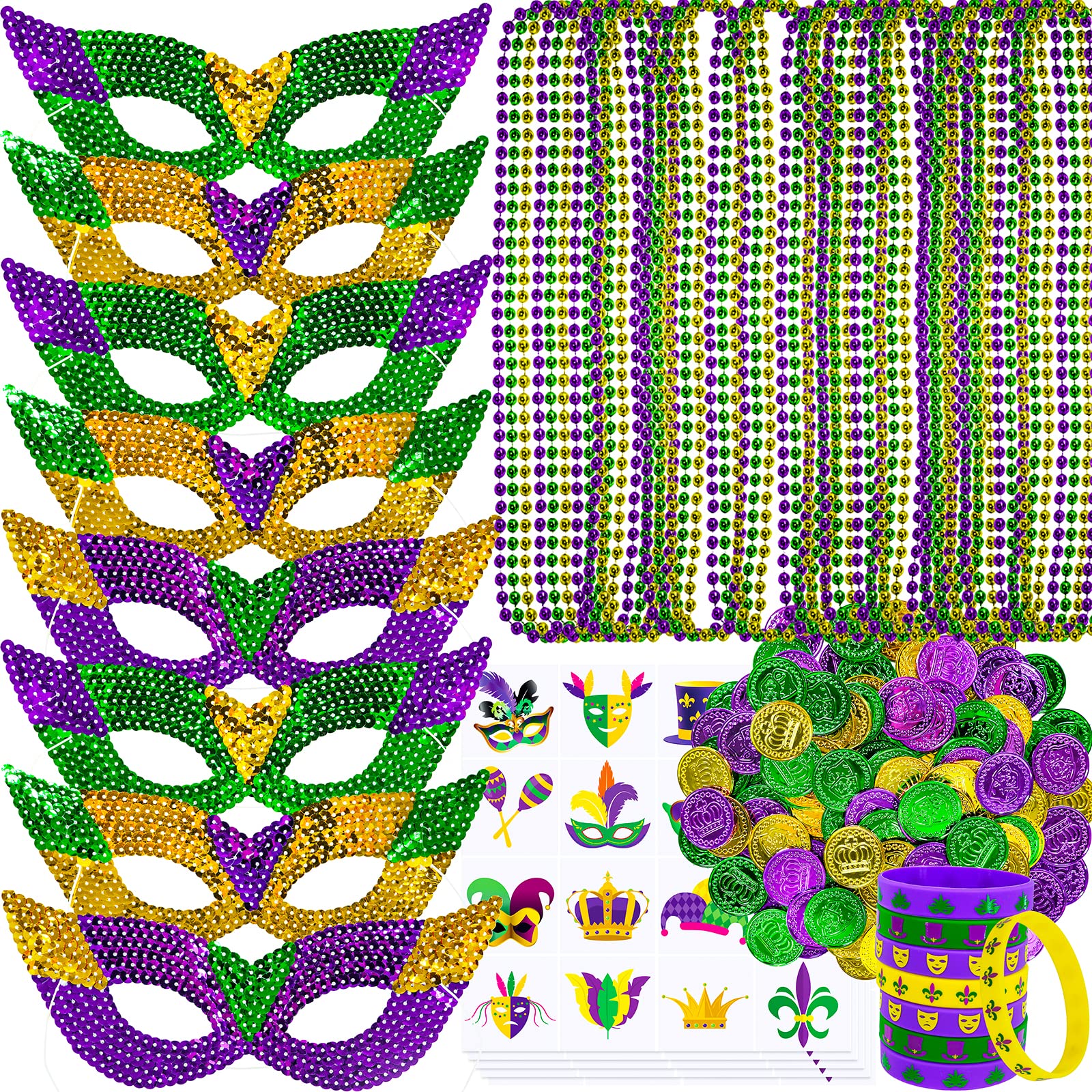Winlyn 144 Pcs Mardi Gras Party Accessories Set Bulk Mardi Gras Bead Necklaces Masquerade Mardi Gras Coins Temporary Tattoos Rubber Bracelets for Mardi Gras Parade Masquerade Party Décoration