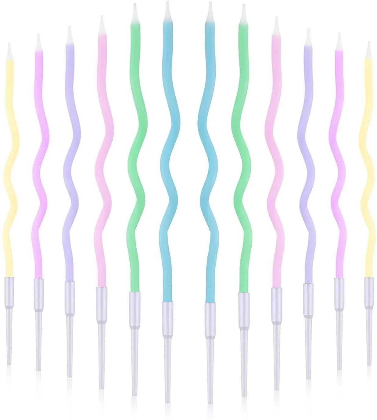 Cwise 24 Count Twisty Birthday Candles Spiral Cake Candles with Holders Macaron Colors Long Twisty Cake Candles for Birthday, Party and Cake Decoration (Rainbow Mutlicolor)