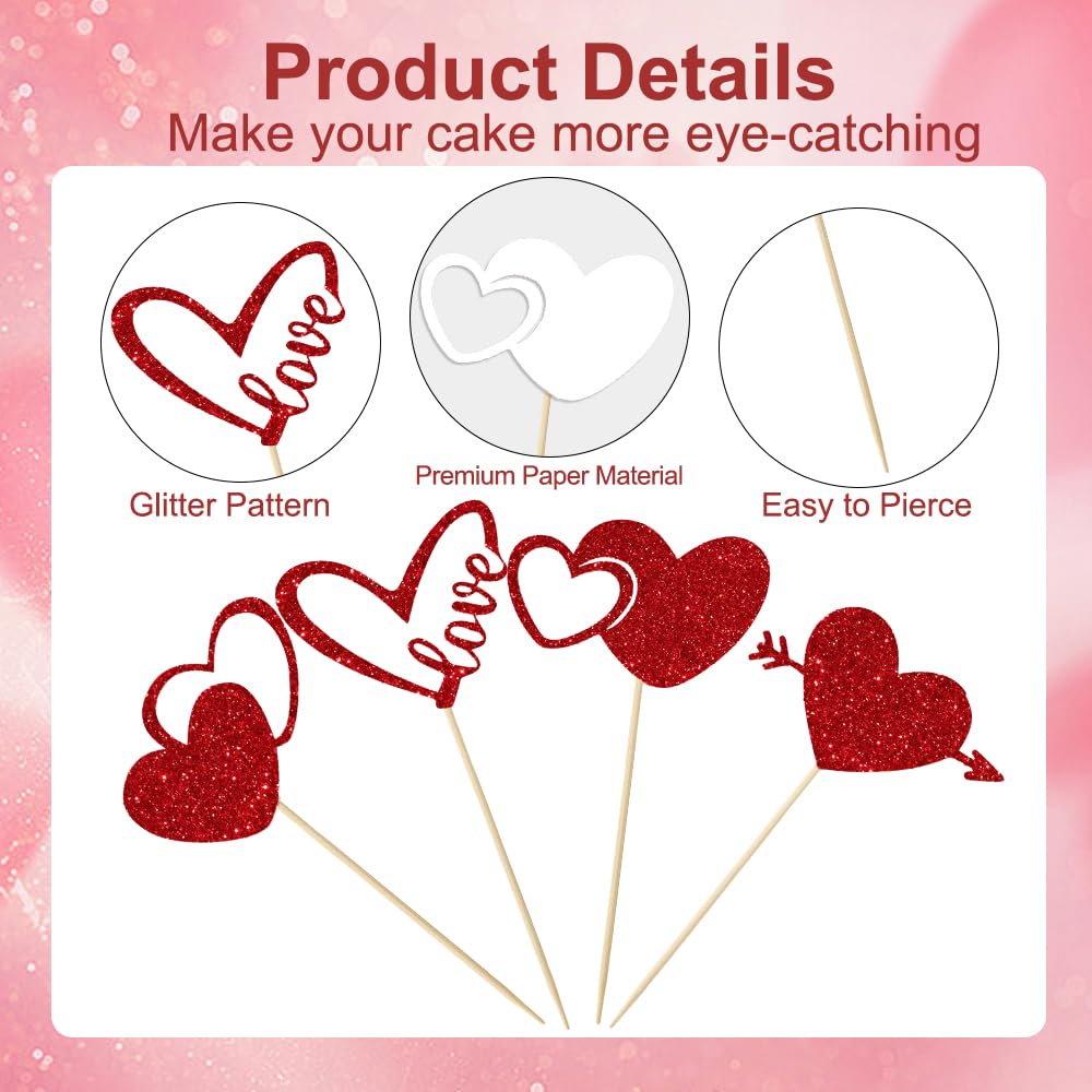Valentines Cupcake Toppers, 24 PCS Glitter Red Heart Cupcake Picks, Valentines Cake Decorations Heart Love Food Picks Cupcakes Toppers for Valentine's Day Party Decorations Supplies